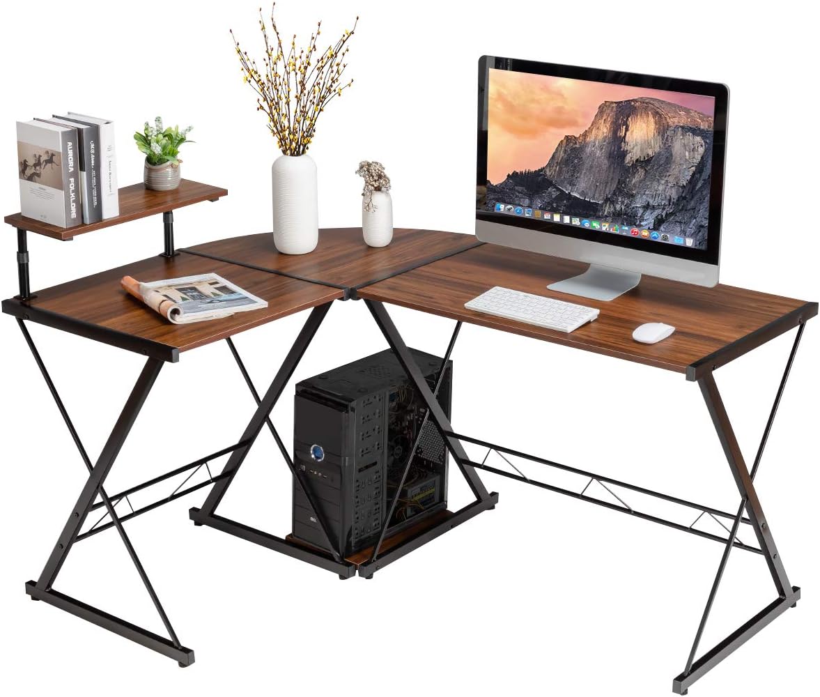 Tangkula L-Shaped Computer Desk, 58 Inches Corner Computer Desk with Movable Shelf & CPU Stand, Space Saving Computer Workstation Home Office Desk (Rustic Brown)