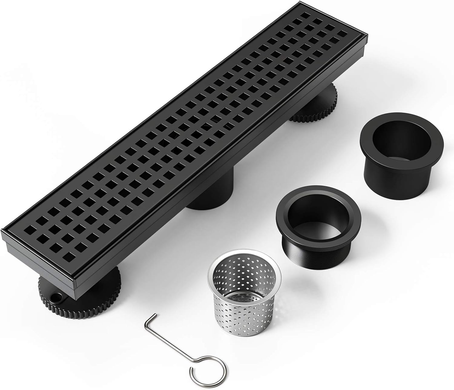 WEBANG 12 Inch Shower Linear Black Drain Rectangular Floor Drain with Accessories Square Hole Pattern Cover Grate Removable SUS304 Stainless Steel CUPC Certified Matte Black