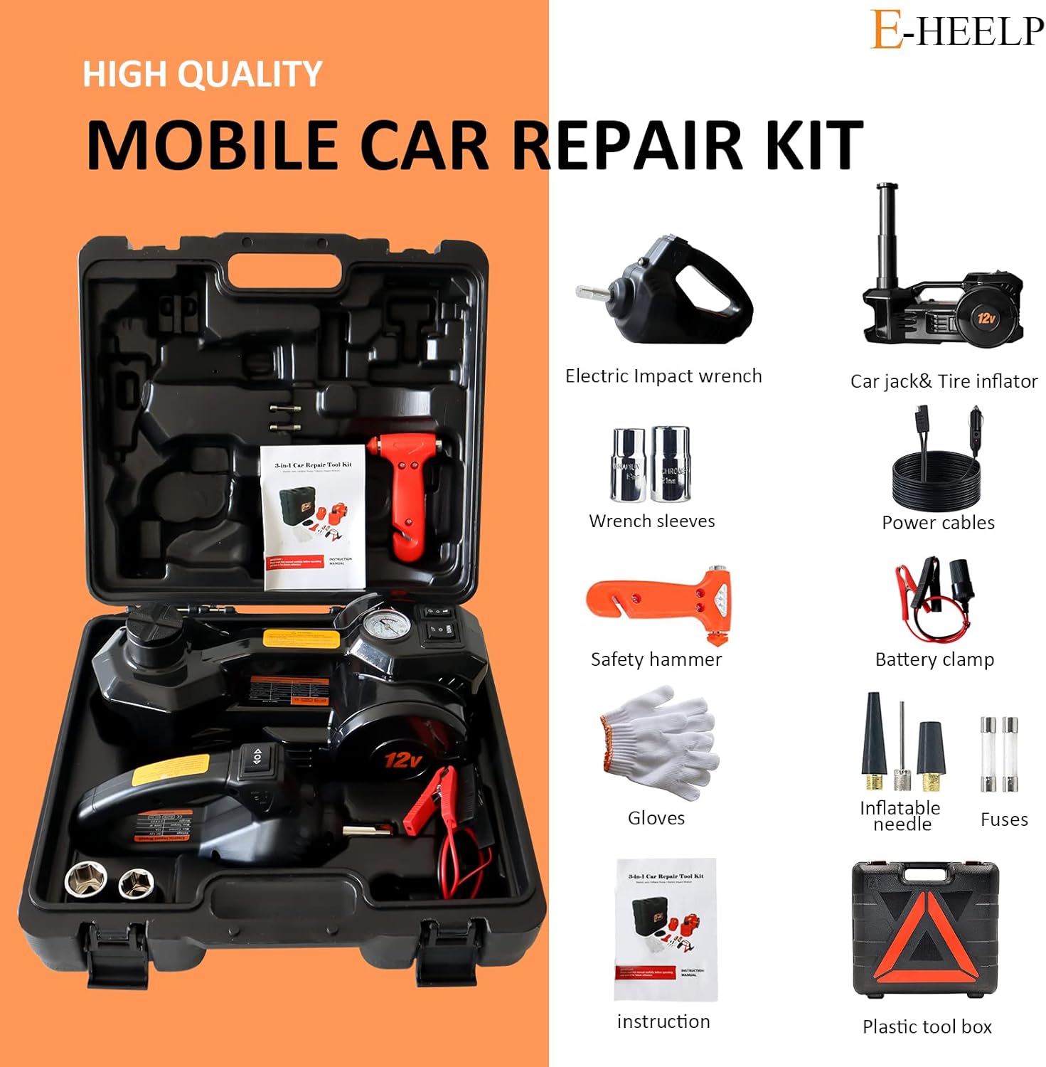 E-HEELP Electric Car Jack Kit 5 Ton Hydraulic Floor Jack with Impact Wrench and Tire Inflator, Portable Emergency Car Lift Tire Change Tools