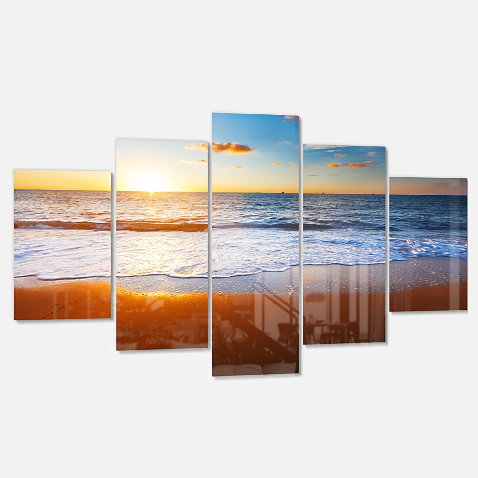 &Blue Sea and Sky with Sandy Beach& 5 Piece Photographic Print on Metal Set Design Art