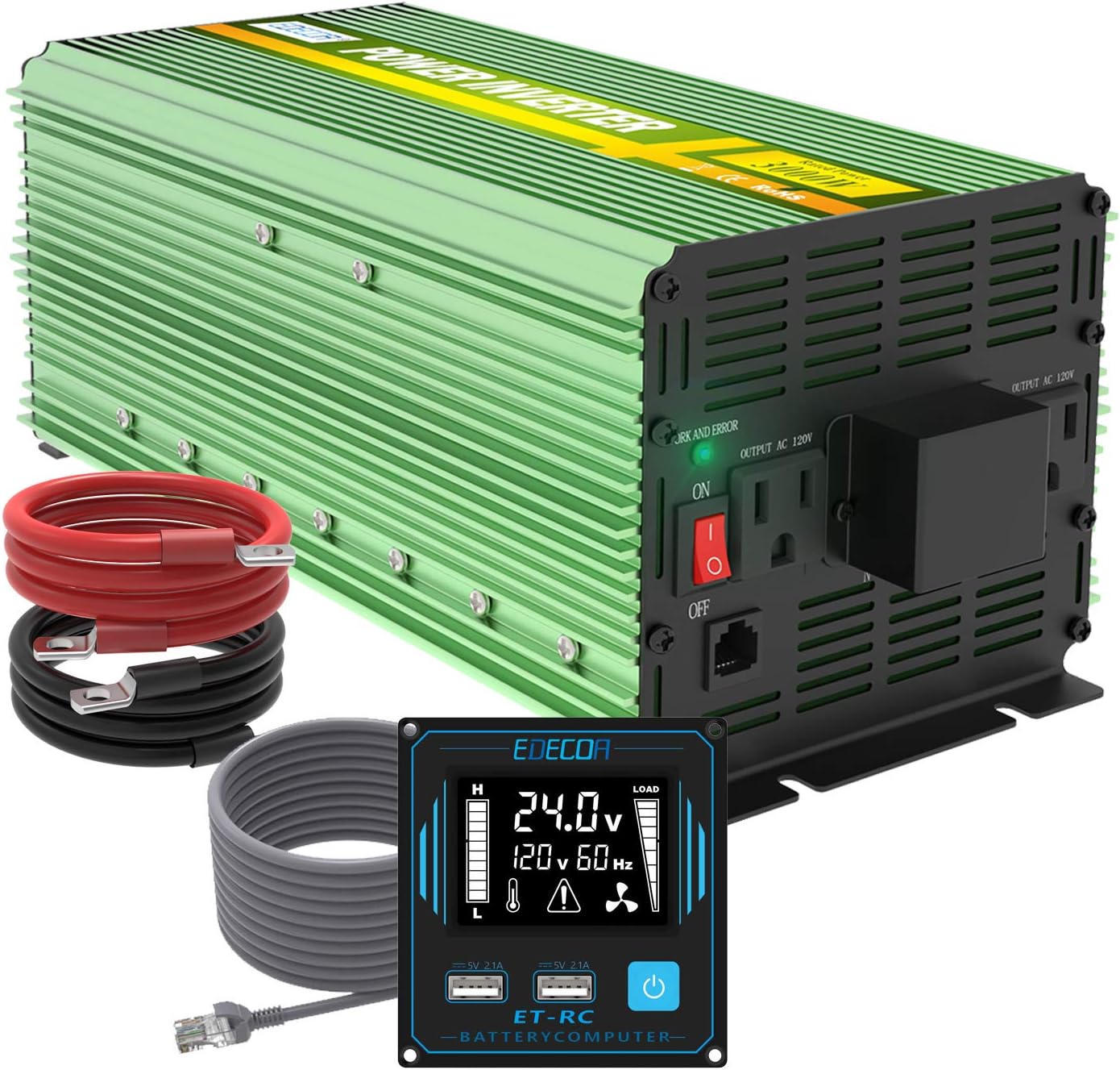 EDECOA 24V 3000 Watts Power Inverter DC 24V to 120V 110V AC with LCD and Dual USB Remote Controller