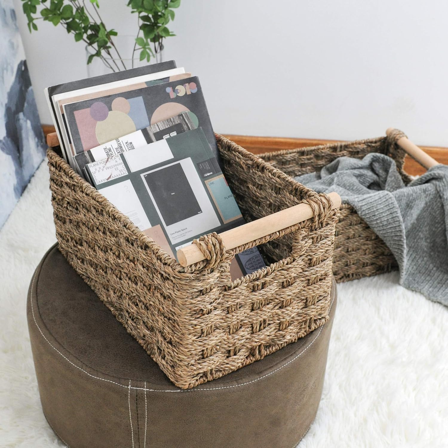 StorageWorks Hand-Woven Storage Baskets with Wooden Handles, Seagrass Wicker Baskets for Organizing, Medium,13” x 8.3” x 7.1”, 2-Pack Pack of 2