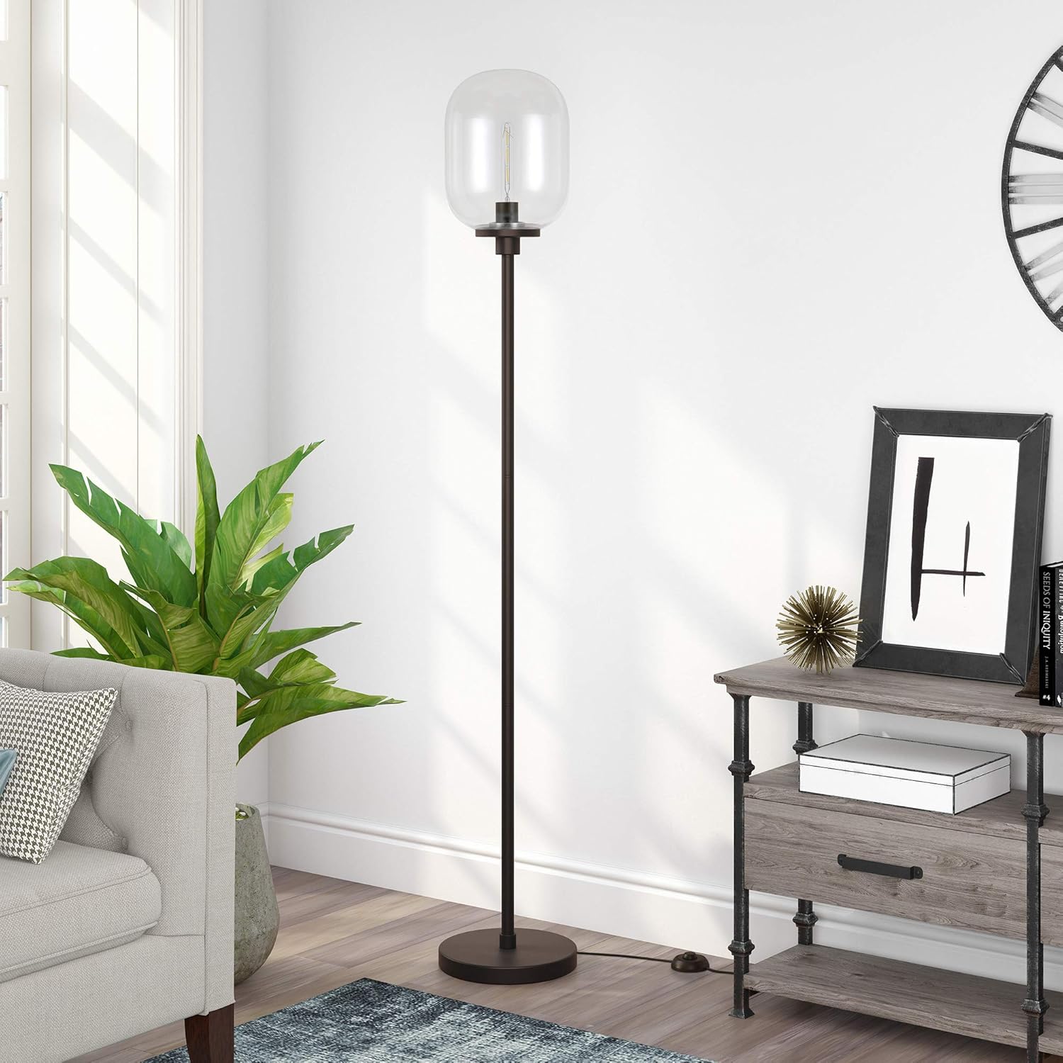 Henn&Hart Industrial Metal Floor Lamp with Clear Glass Shade in Blackened Bronze