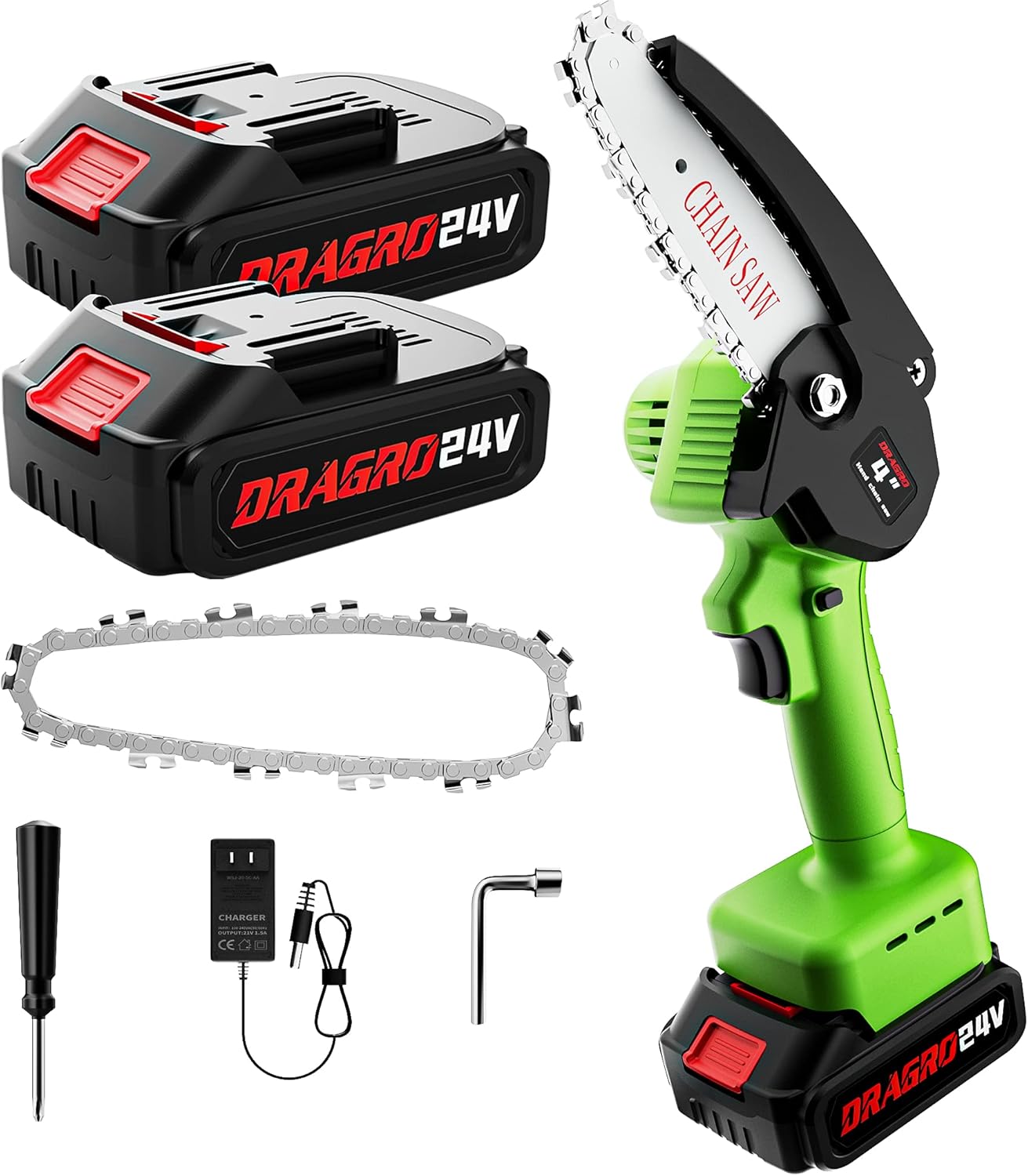 Mini Chainsaw 4 Inch 24V Battery Powered Cordless Chainsaw , Portable Handheld Rechargeable Electric Chainsaw 2pcs Battery, for Tree Branch Trimming Wood Cutting Gardening Pruning Pack of 2