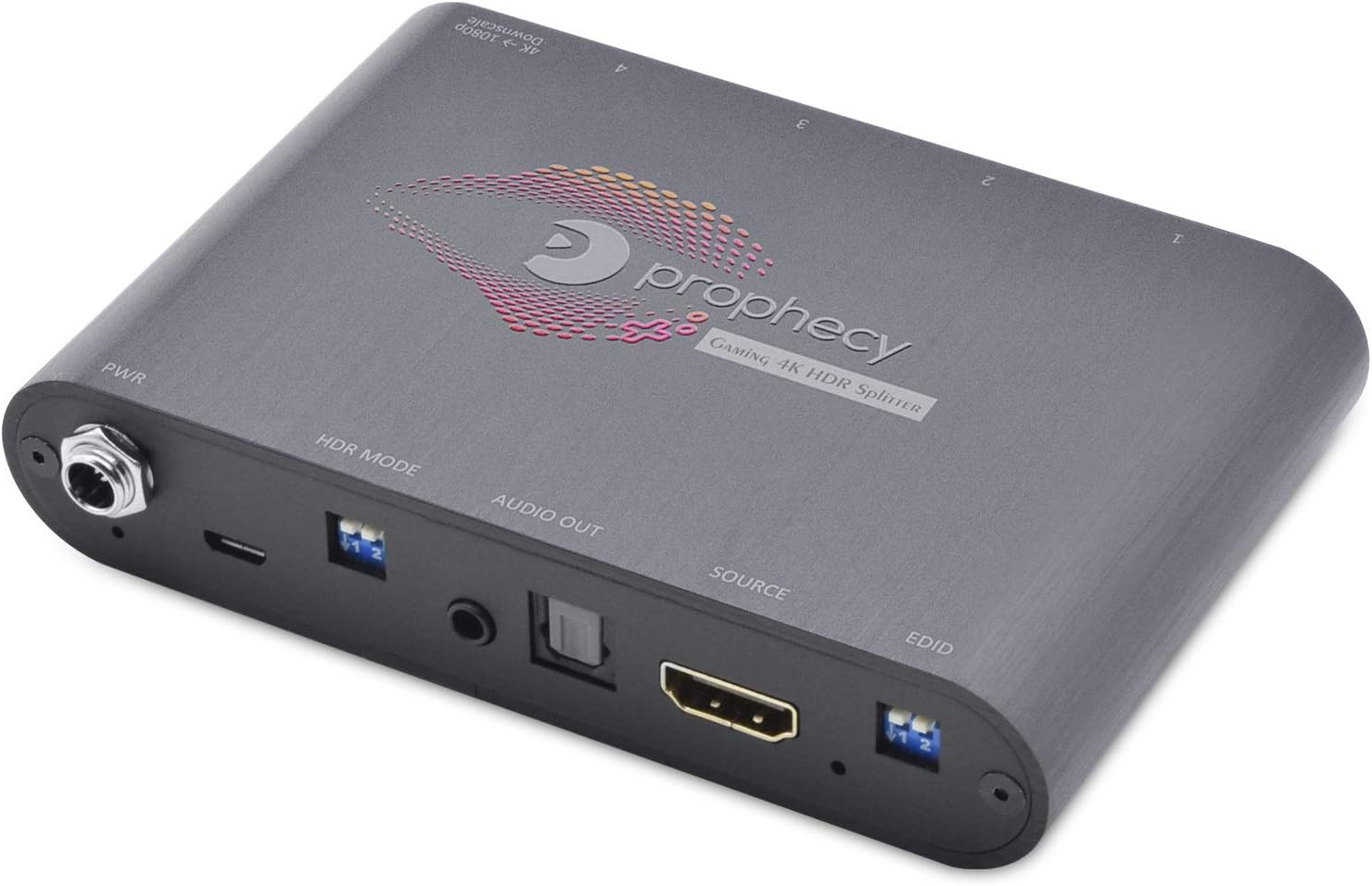 gofanco Prophecy 1x4 HDMI 2.0 Gaming Splitter with HDR (4K) to SDR (1080p) Enhancement – Auto Downscaler, 4K @60Hz 4:4:4, 18Gbps, Audio Extractor, EDID, 4 Port, 1 in 4 Out HDMI Splitter, TAA Compliant