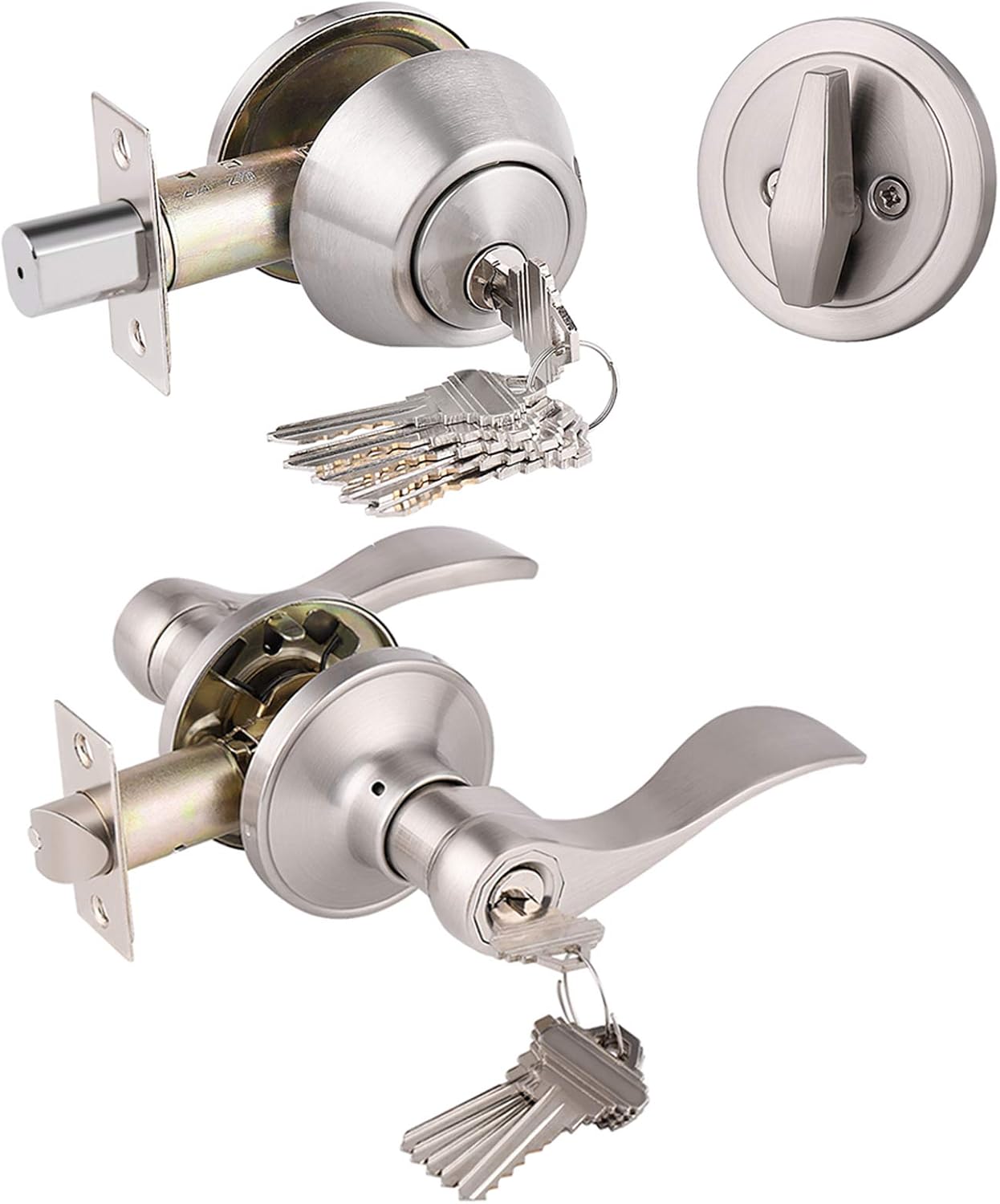 Wave Entry Door Levers and Single Cylinder Deadbolt Combination Lockset, Brushed Nickel Finished, Keyed Alike Entrance Door Locks, Front Door Leversets, 3Pack