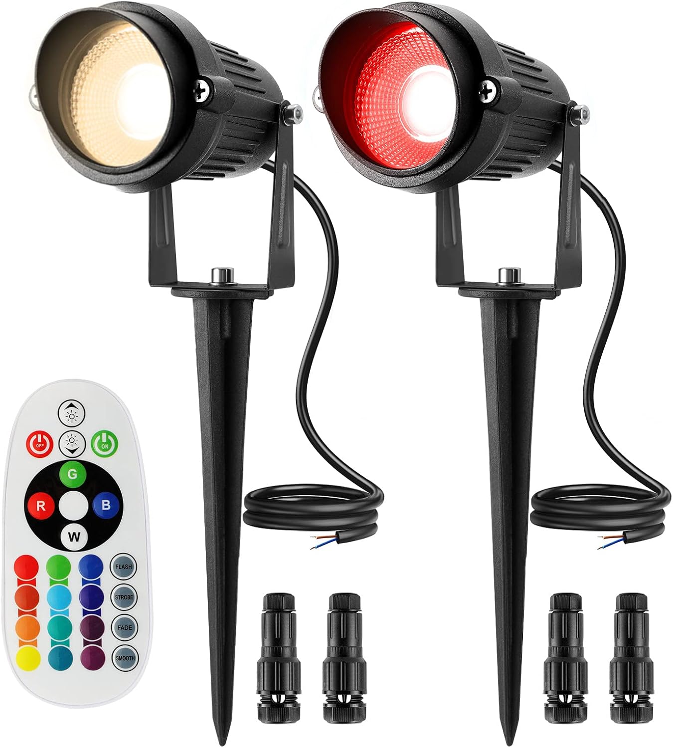 RGBW Low Voltage Landscape Lights 8W RGB and Warm White Remote Control Color Change LED Landscape Lighting 12V-24V IP66 Waterproof for Outdoor Yard Garden(2Pack with Fastlock Connectors)