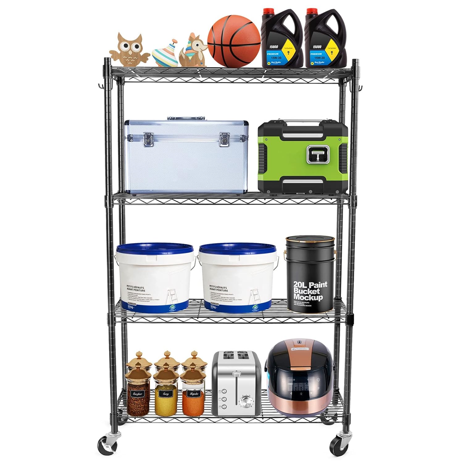 WDT Shelving Storage Units on Wheels Casters, Adjustable Heavy Duty Metal Shelf Wire Storage Rack for Home Office Garage Kitchen Bathroom Organization,Black 14