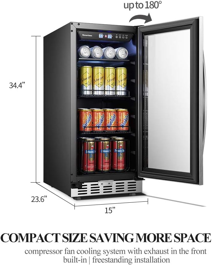 Sinoartizan 15 Inch Beverage Cooler Refrigerator - 70 Cans Capacity Built-in Mini Fridge with Glass Door