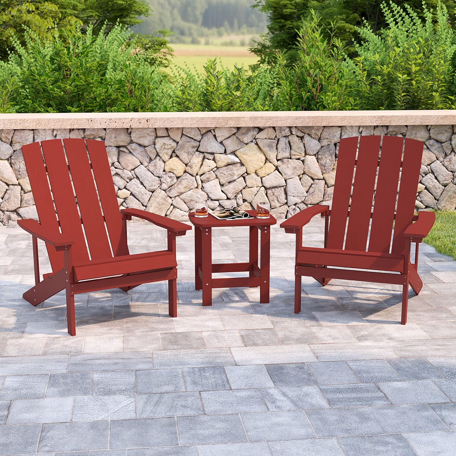 Flash Furniture JJ-C14501-2-T14001-RED-GG Patio Bundle-Adirondack Chairs and Side Table, Red
