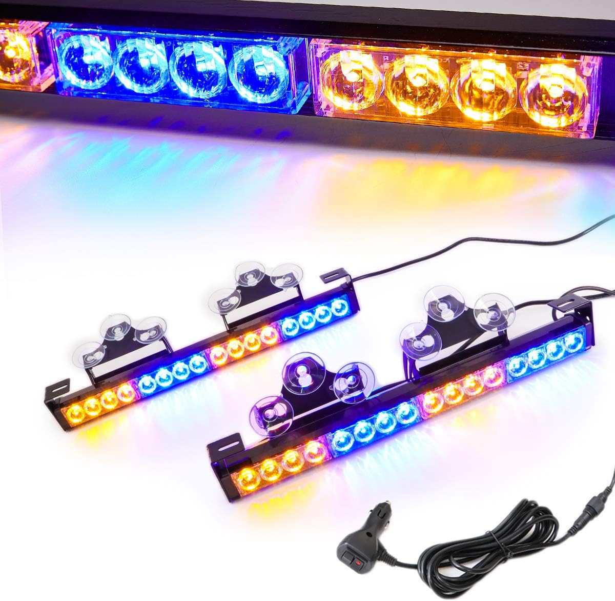 LE-JX Red/White 2 in 1 Emergency Strobe Light Bar 21 Flash Patterns Traffic Advisor Warning Hazard Windshield Safety Lights Bar with Cigar Lighter for Police Vehicles, Truck (2×16.8 inch, 32 Led) Pack of 2