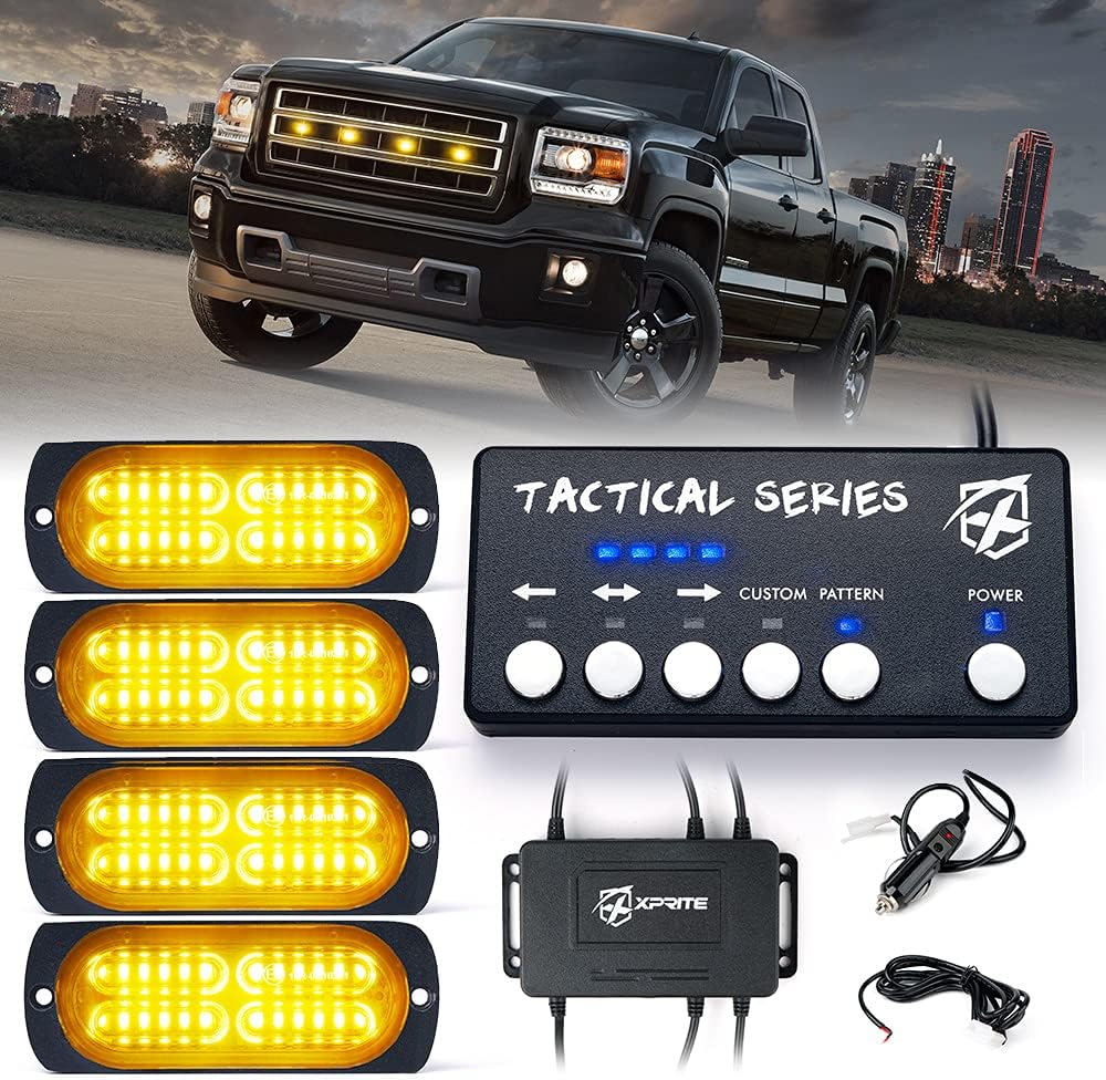 Xprite 24 LED Surface Mount Strobe Lights Kit with Control Panel, Grill Grille Side Marker Flashing Emergency Warning Light Assemblies for Trucks Vehicles ATV RV Cars Van Amber/White, 4PCS Pack of 2