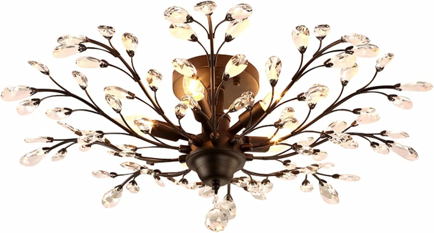 SEOL-Light Vintage Large Crystal Branches Chandeliers Black Close to Ceiling Light Flush Mount Fixture with 5 Light 200W 31.5