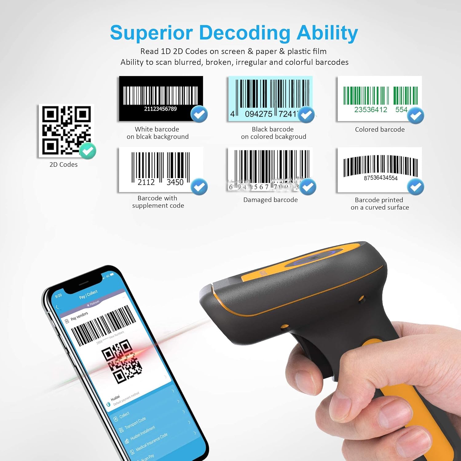 NADAMOO Cordless Barcode Scanner, 2D Handheld Barcode Reader with USB Dongle - 5000mAH Largest Battery, Super Long Battery Life, 492ft Transmission Range, 360°Anti-Shock for Store, Warehouse Pack of 2