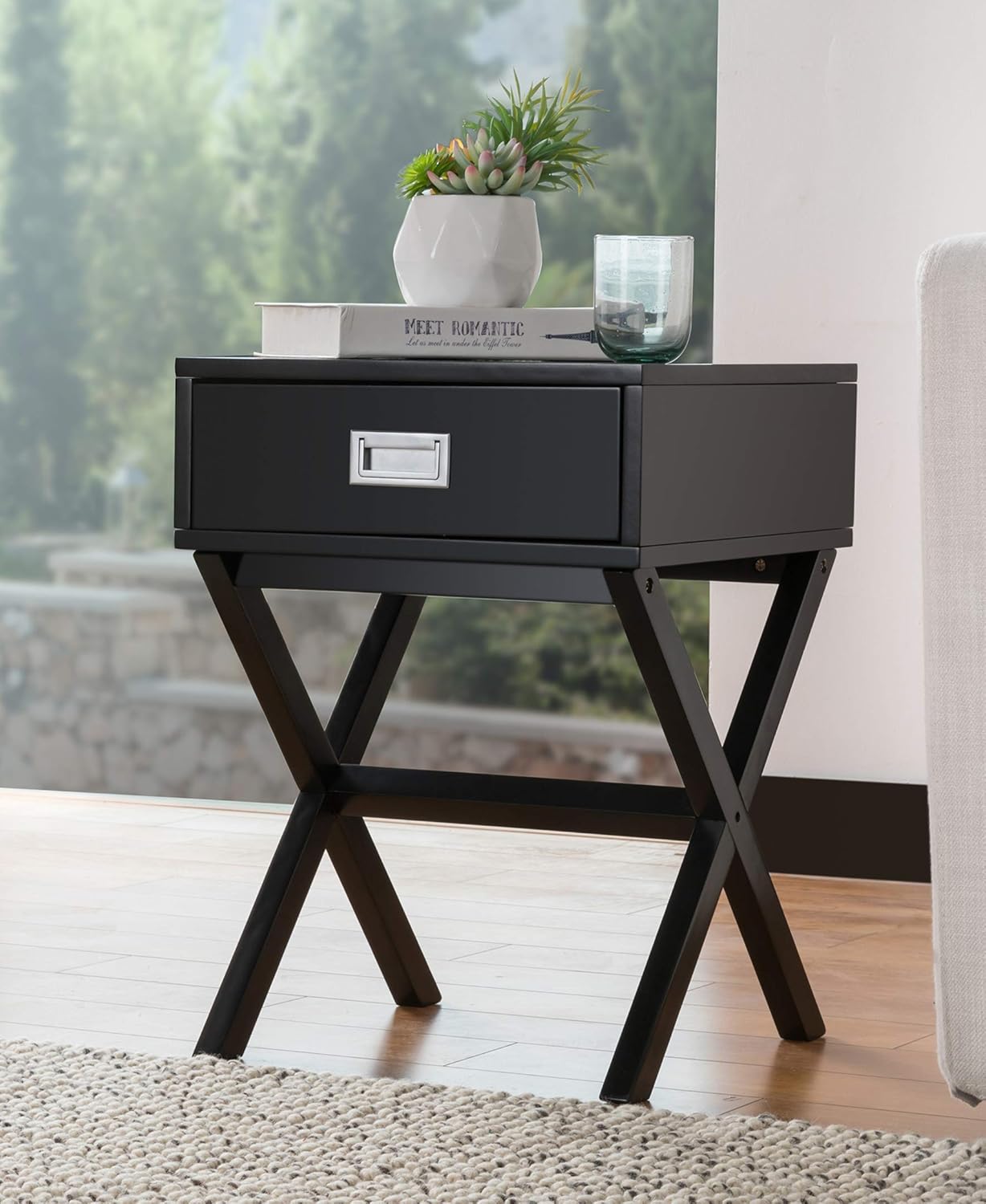 Glitzhome White End Table for Living Room X-Shape Wooden End Table with Storage Modern Accent Side Table with Drawer Square Nightstand for Bedroom, 21.85&rdquo;H