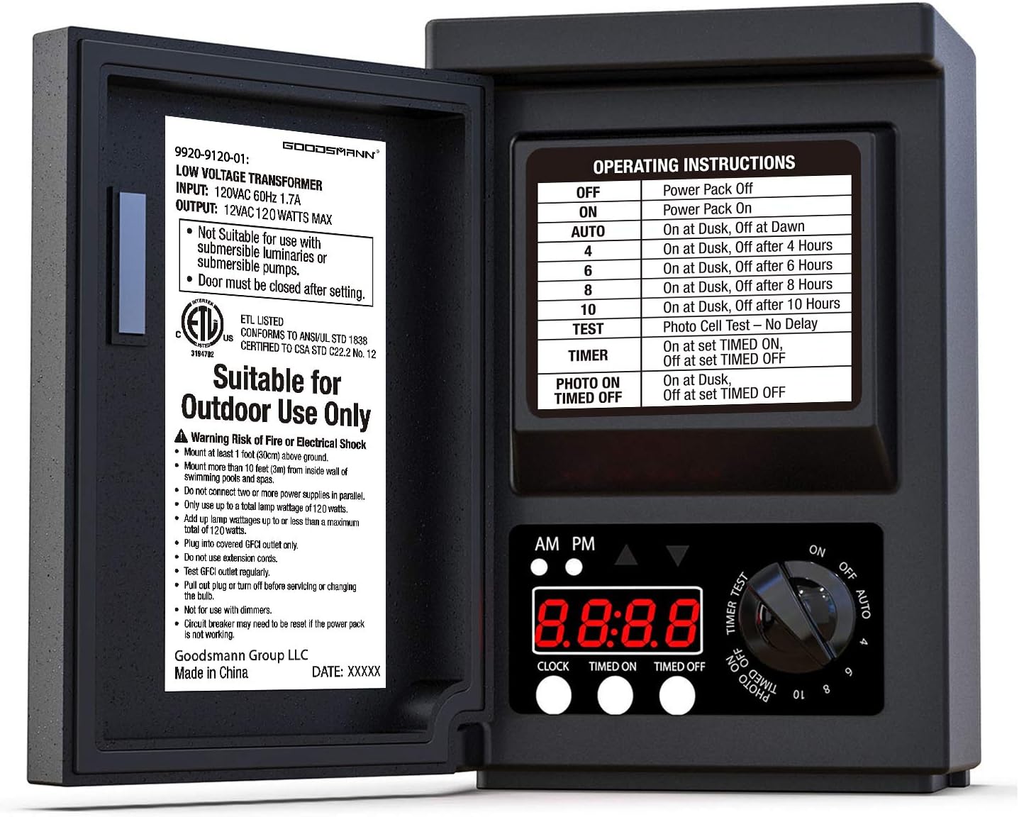 GOODSMANN Low Voltage Transformer 120W Outdoor Lighting Transformer for Landscape Lights With Photo Eye Sensor and Timer 120V AC to 12V AC 9920-9120-01