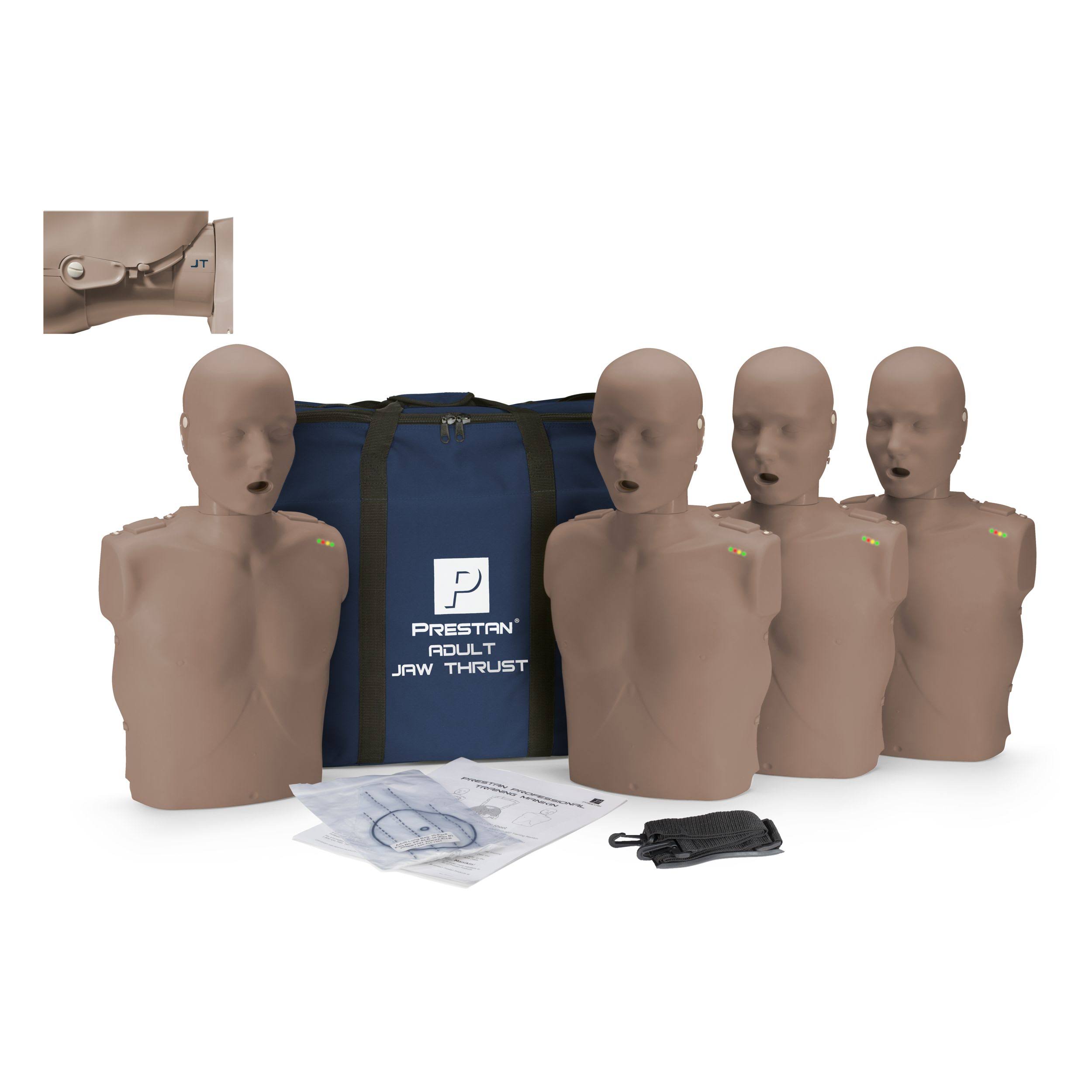 Prestan Jaw Thrust CPR Mankin 4 Pack with CPR Monitor and Dark Skin Tone PP-JTM-400M-DS