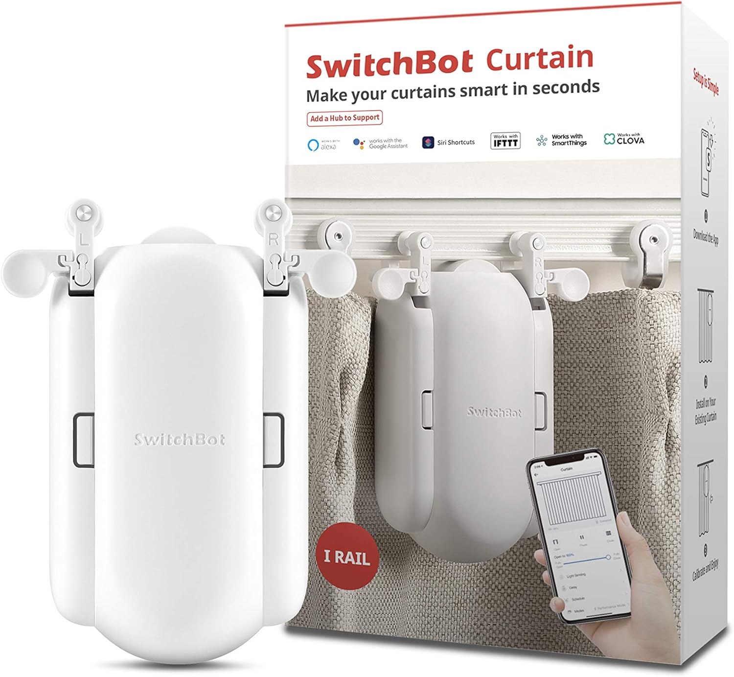 SwitchBot Curtain Smart Electric Motor - Wireless App or Automate Timer Control, Add SwitchBot Hub Mini to Make it Compatible with Alexa, Google Home, HomePod, IFTTT (Rod, Black)