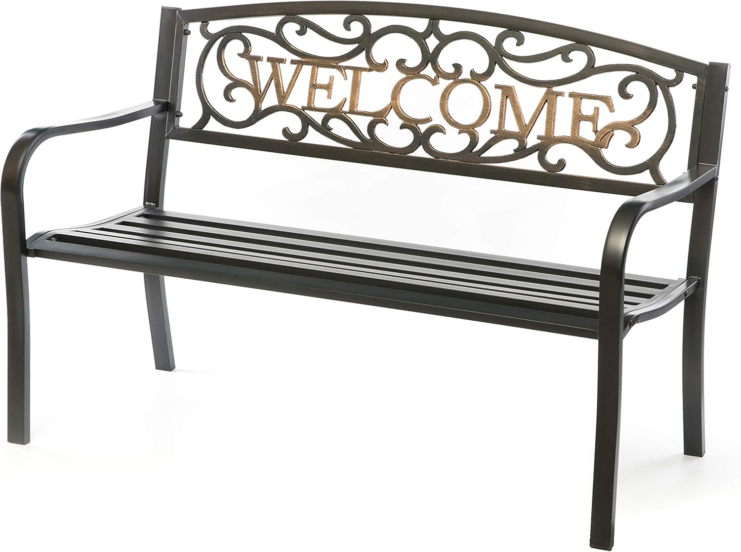Gardenised Steel Outdoor Patio Garden Park Bench with Cast Iron Welcome Backrest, Black