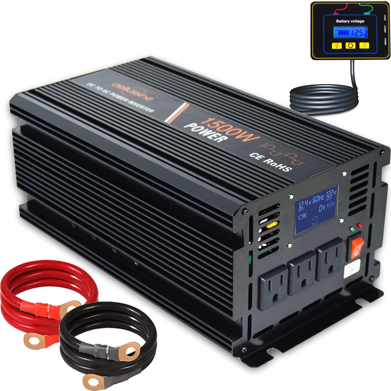 aeliussine 1500w Power Inverter 12v to 110v 120v Modified Sine Wave Power Inverter dc to ac Power Converter 3 ac Outlet (1500W 12V)
