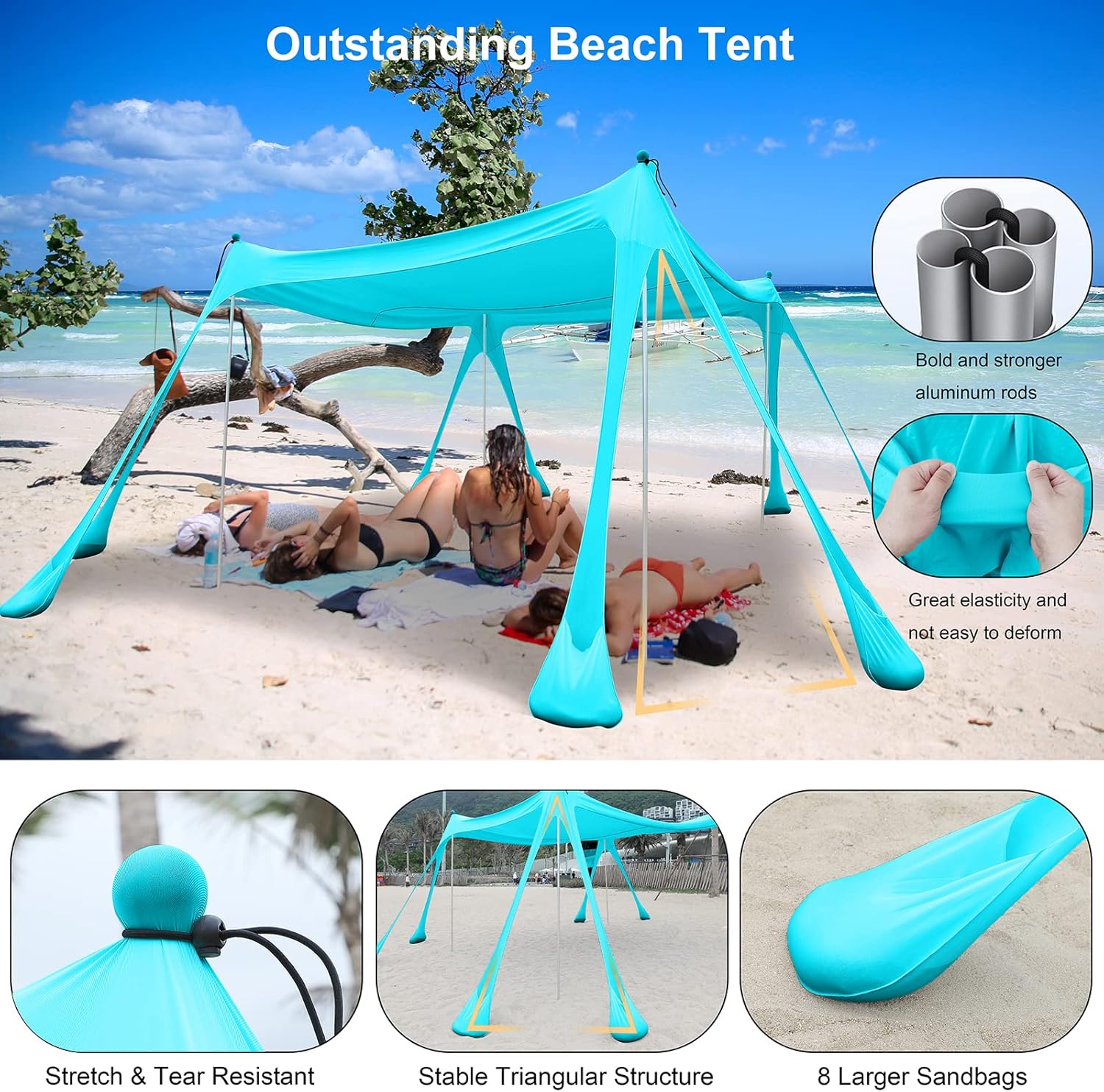 Beach Canopy Tent 8 Sand Bag ,WinGaYe Family 10x10 Pop Up Sun Shelter 4 Pole 2 Sand Shovel UPF50+ 6-8 Person Outdoor Sun Shade with Portable Carry Bag for Backyard Park Caming Fishing Picnic