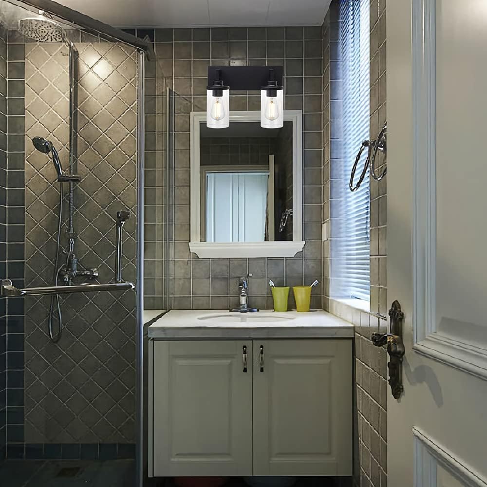 MELUXEM 2 Light Wall Light Sconces Classic Matte Black Finish Bathroom Lighting Over Mirror with Cylinder Glass Shade for Cabinet Dressing Room