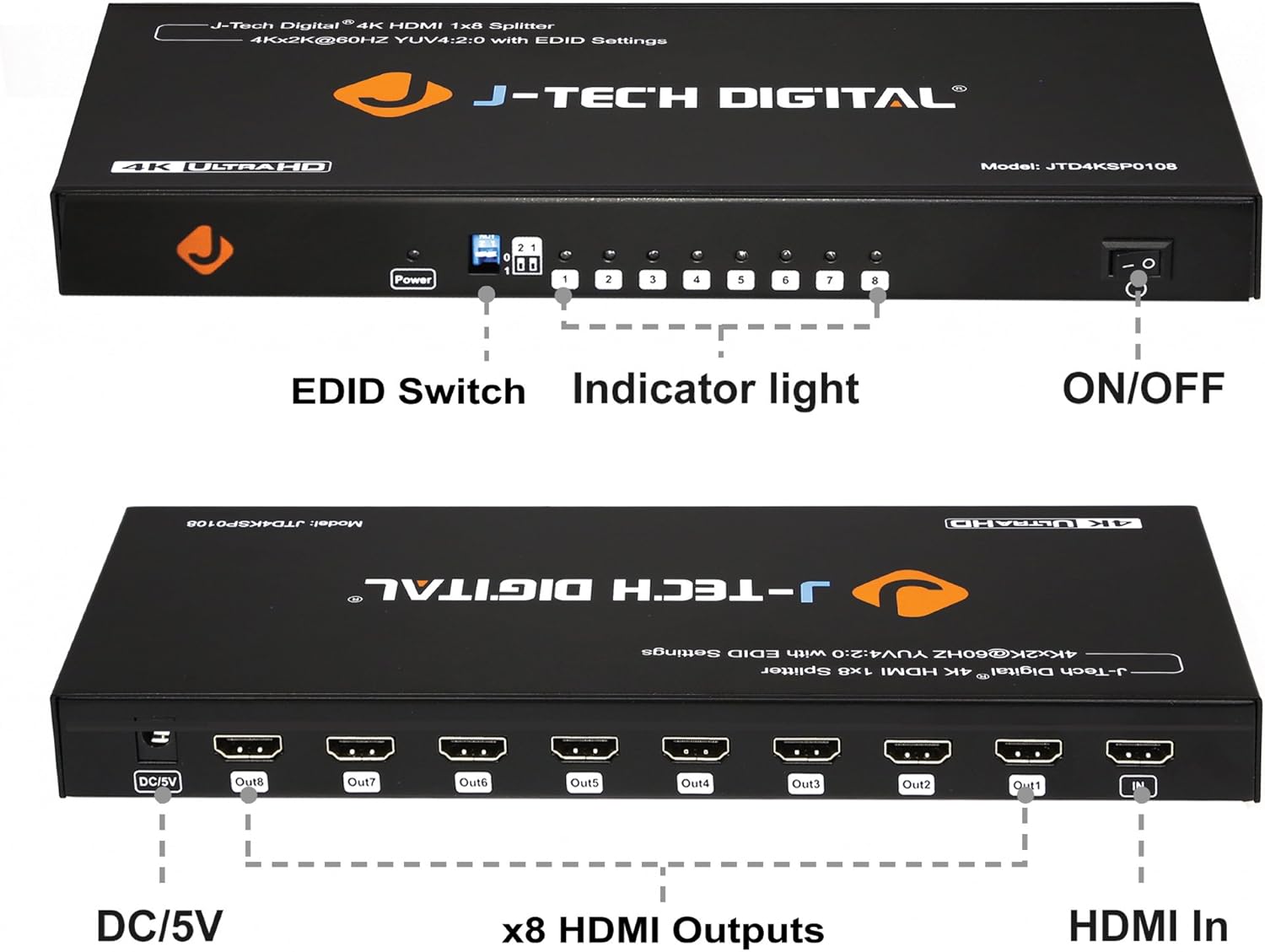 J-Tech Digital JTD4KSP0108 Premium Quality Ultra HD 4K 60HZ 1x8 HDMI Splitter High Resolutions Up To 4Kx2K 36-Bit Deep Color Pack of 2