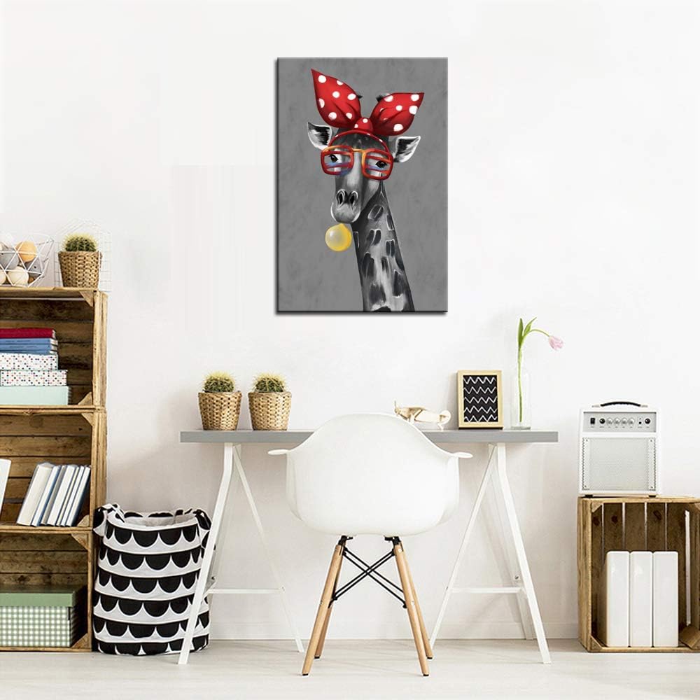 sechars - Modern Animal Art Funny Giraffe Bubble Gum Art Painting Abstract Canvas Art Stretched Frame Artwork for Wall Decor Kids Room Decor 24x36inch Pack of 2