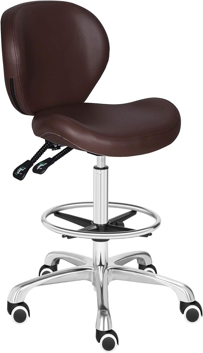 Kaleurrier Adjustable Stools Drafting Chair with Backrest & Foot Rest,Tilt Back,Peneumatic Lifting Height,Swivel Seat,Rolling wheels,for Studio,Dental,Office,Salon and Counter,Home Desk Chairs (Brown)