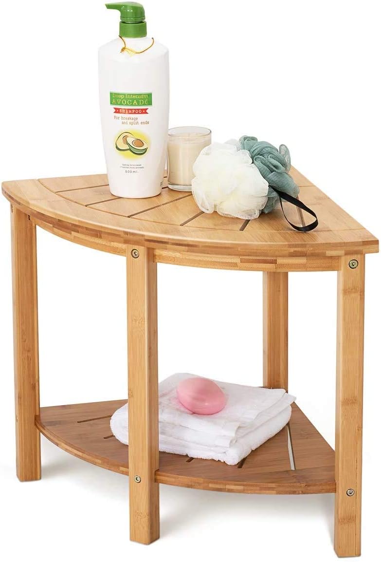 OasisSpace Corner Shower Stool, Bamboo Shower Bench with Storage Shelf, Wooden Spa Bath Organizer Seat, Perfect for Indoor or Outdoor