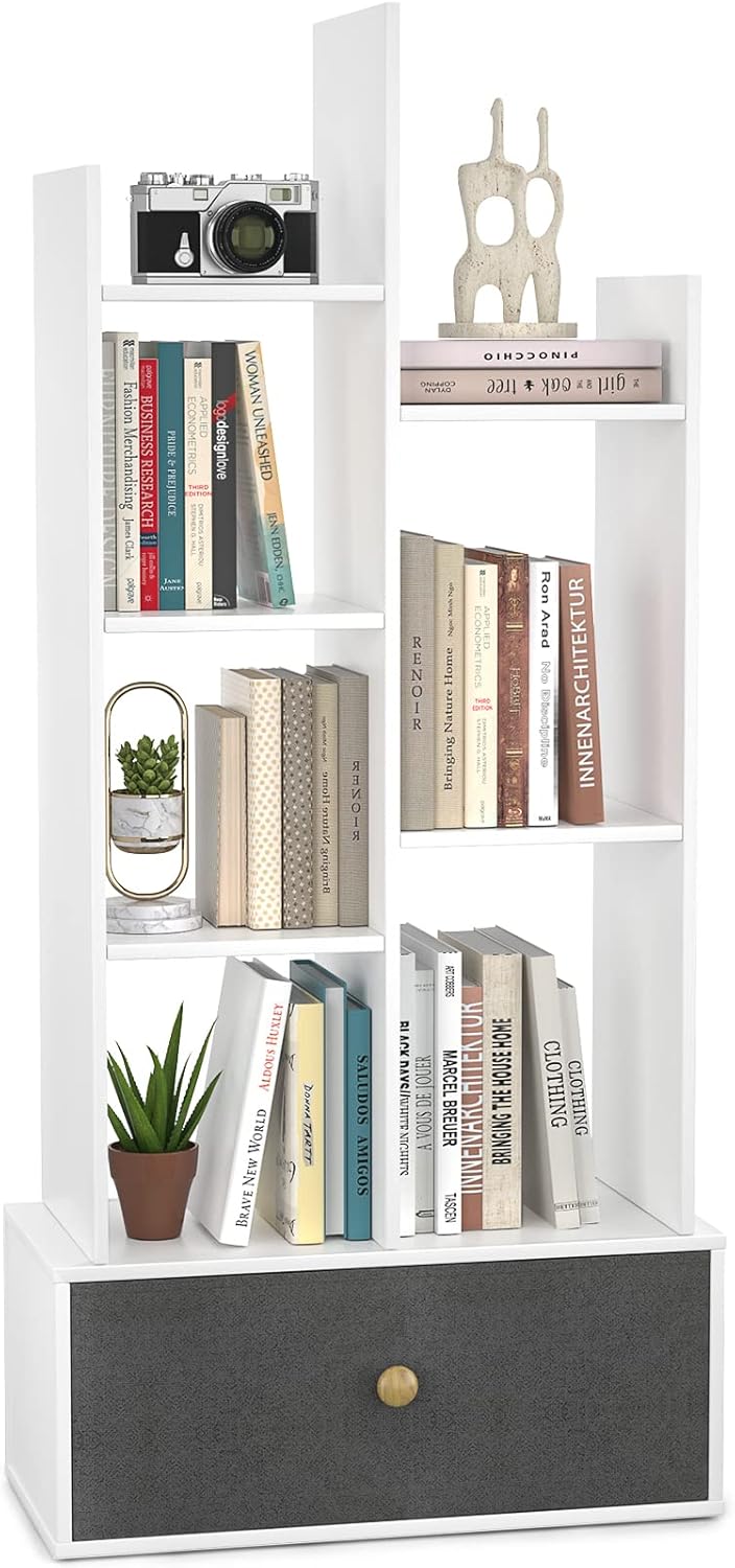 Unikito Bookshelf with Drawer, Free Standing Bookcase with Storage, Open Book Shelf Organizer, Industrial 7 Open Book Shelves, Display Wood Book Case for Bedroom, Living Room, Home Office, Black