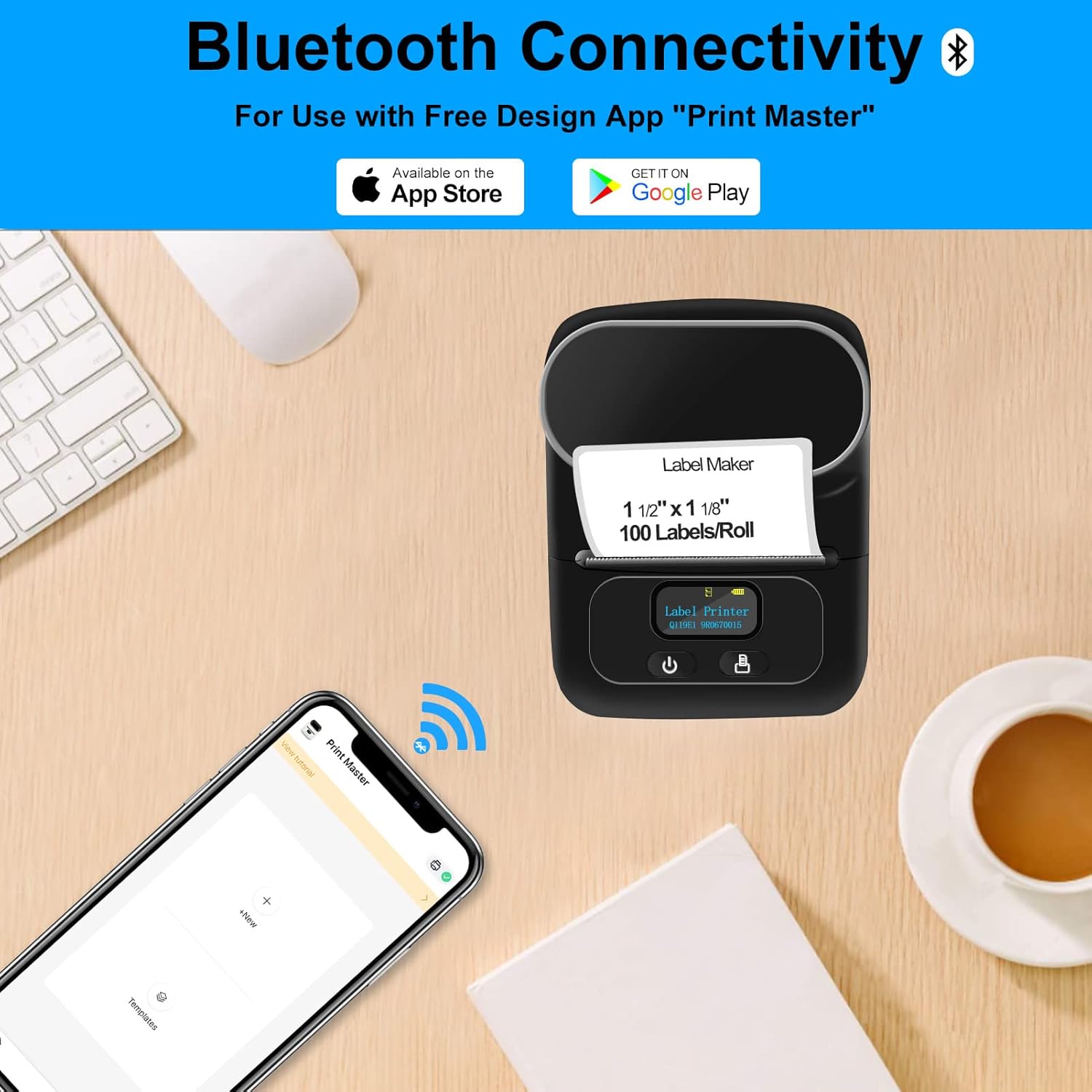 Label Maker Machine With Tape 100pcs, Portable Bluetooth Thermal Label Printer Machine Wireless iOS Android for Small Business, Retail, Mailing, Address, Clothes, White Barcode, Product, Jars, Jewelry