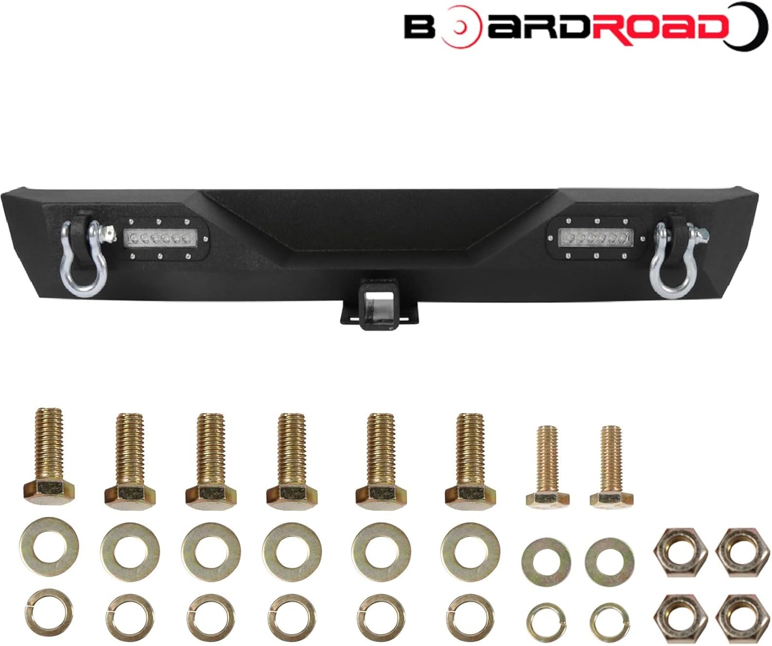 BoardRoad Rear Bumper Fit for 1987-2006 Wrangler TJ YJ with 2 LED Lights Hitch Receiver D-rings Off-Road Style Black Texture