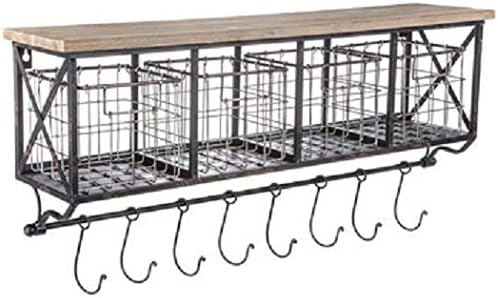 Black Metal & Wood Shelf with Baskets, Chalkboards & 8-Hooks coffee bar shelf bathroom organizational shelf