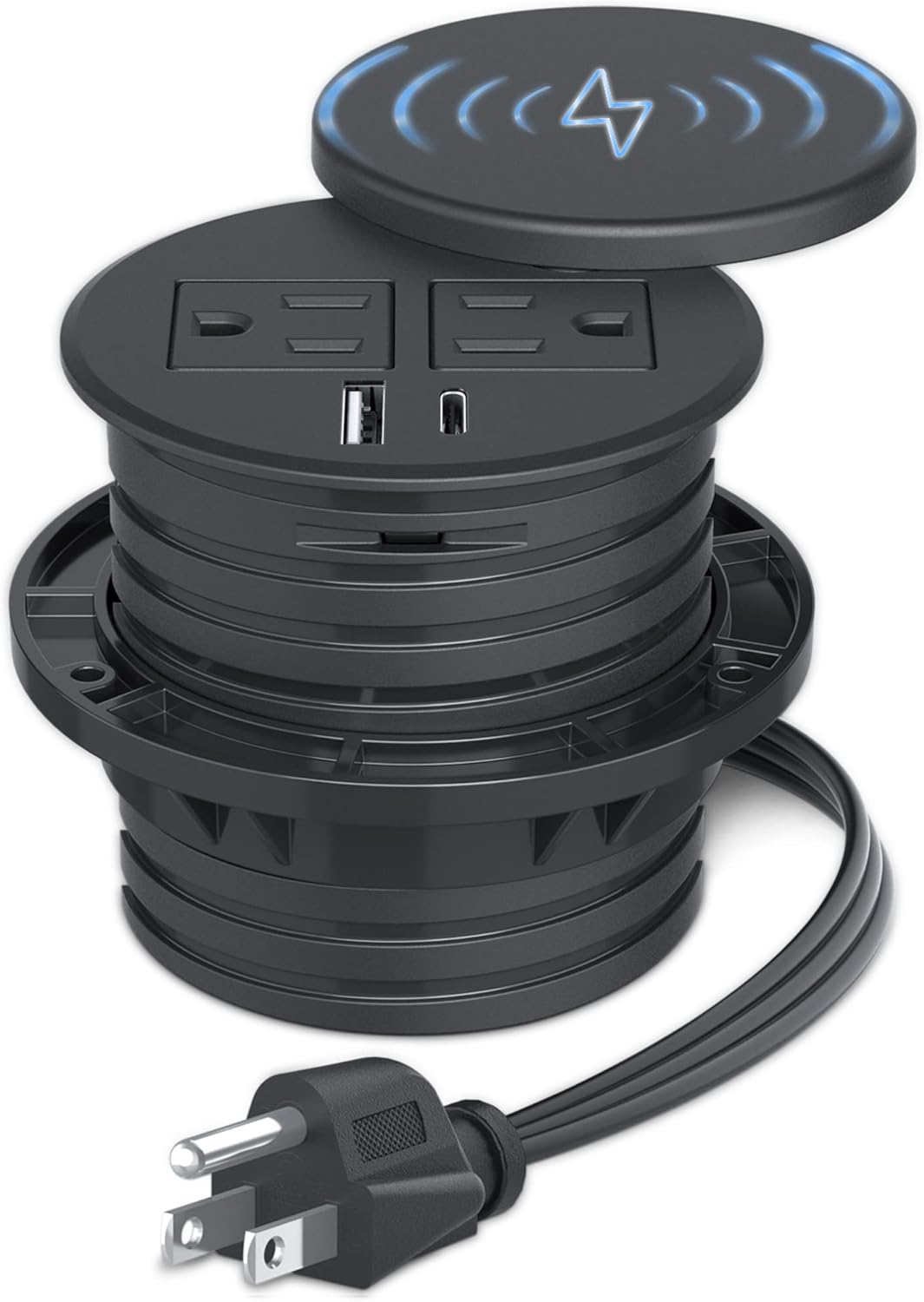 3 inch Desk Power Grommet with Wireless Charger,Recessed Power Strip USB C ,2 Outlets and 2 USB (1 USB C, 1 USB A) Desktop Power Grommet,with 6ft Extension Cord (3 inch Hole) Pack of 2
