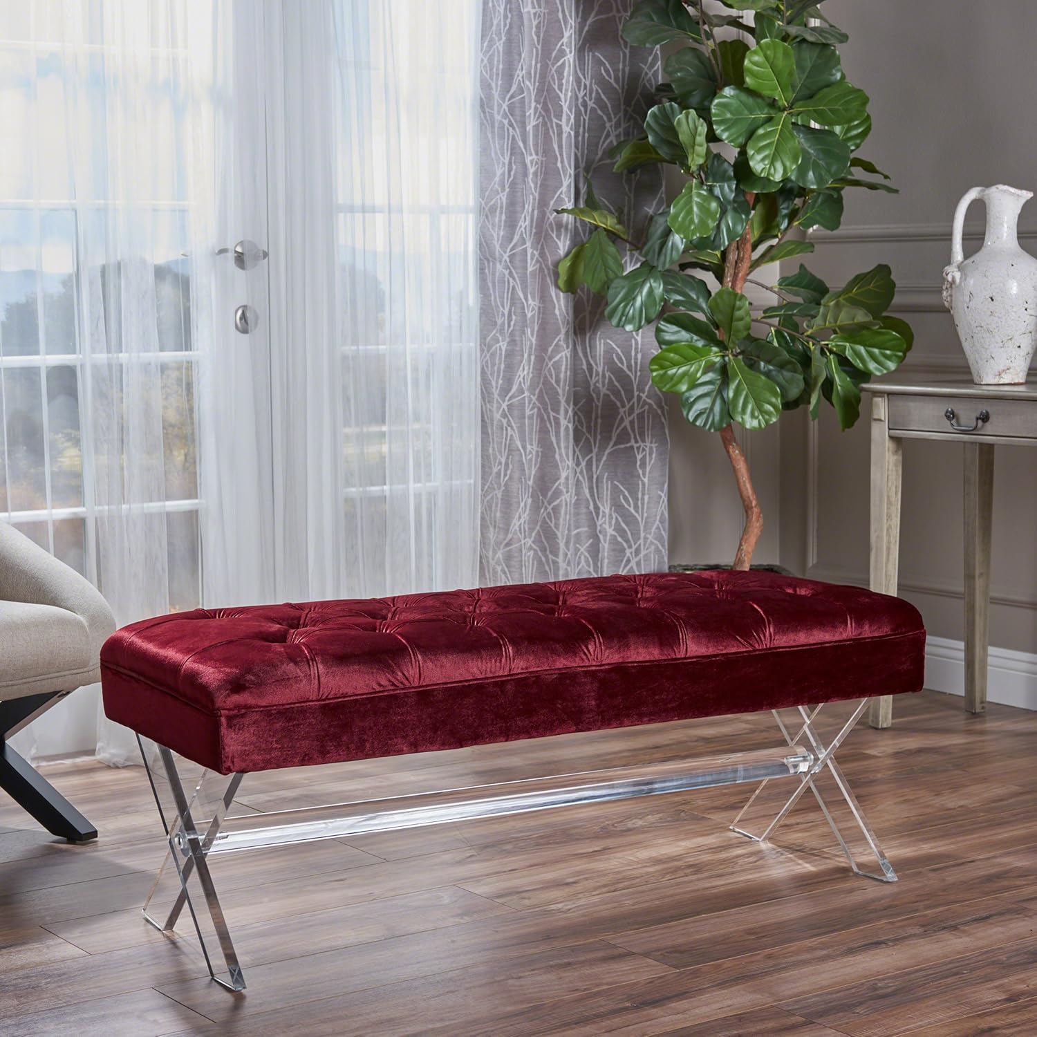Christopher Knight Home Emeric Tufted Velvet Ottoman with Clear Acrylic Legs, Garnet / Clear
