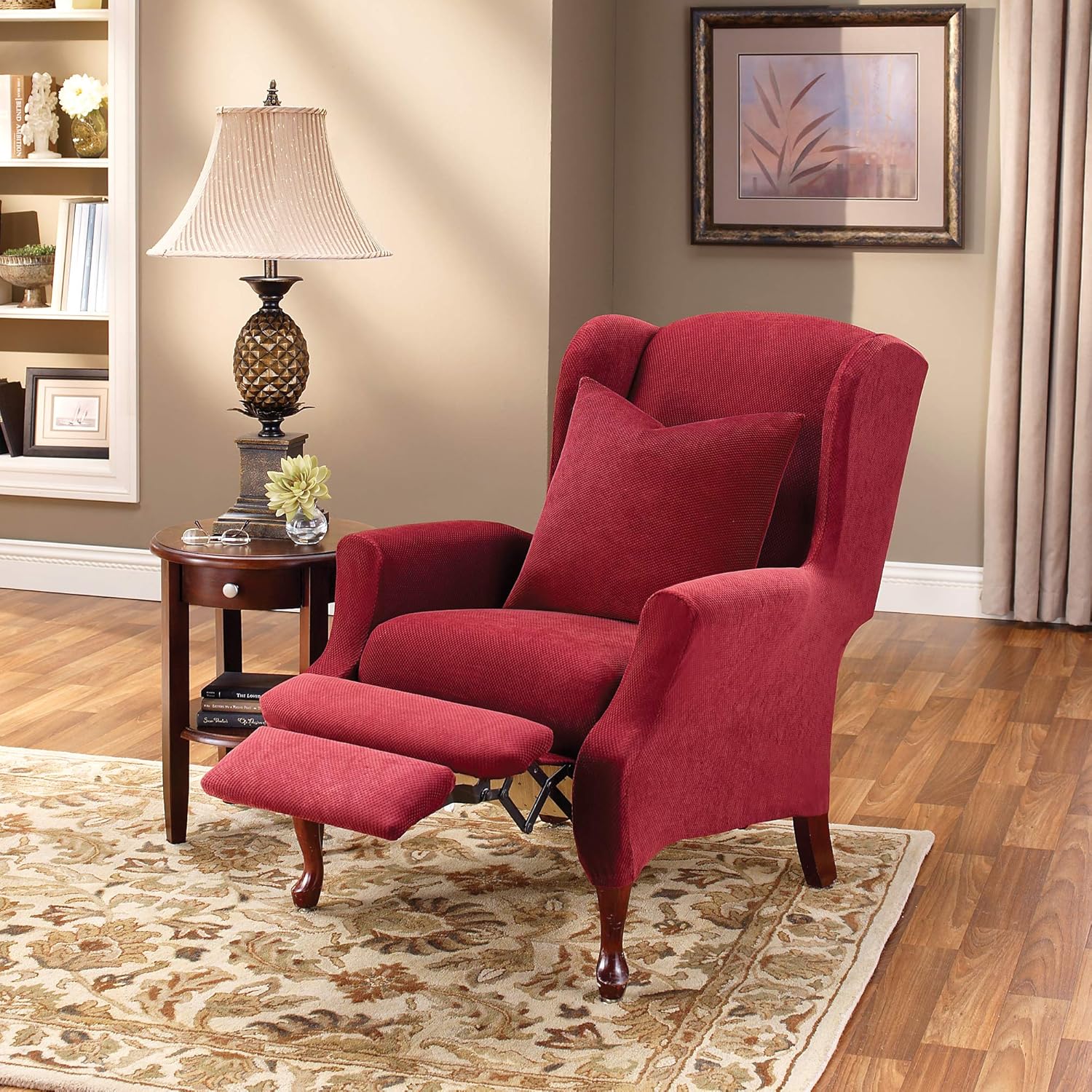 SureFit Home D&eacute;cor Stretch Pique Box Cushion Wing Recliner Chair Two Piece Slipcover, Form Fit, Polyester/Spandex, Machine Washable, Garnet Color