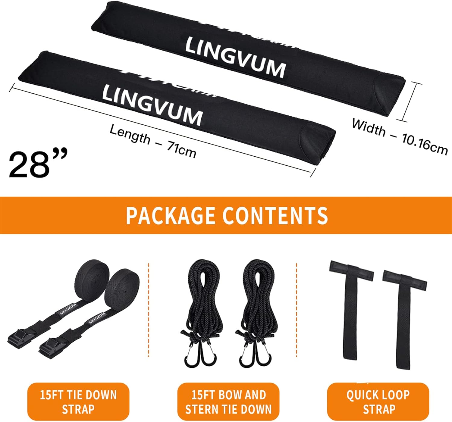 LINGVUM Soft Roof Rack Pads with Two 15 Ft Wrap-Rax Straps - 28” Premium Car Carrier Racks for Kayak, Surfboard, SUP Paddleboard, Snowboard with Kayak Accessories Pack of 2