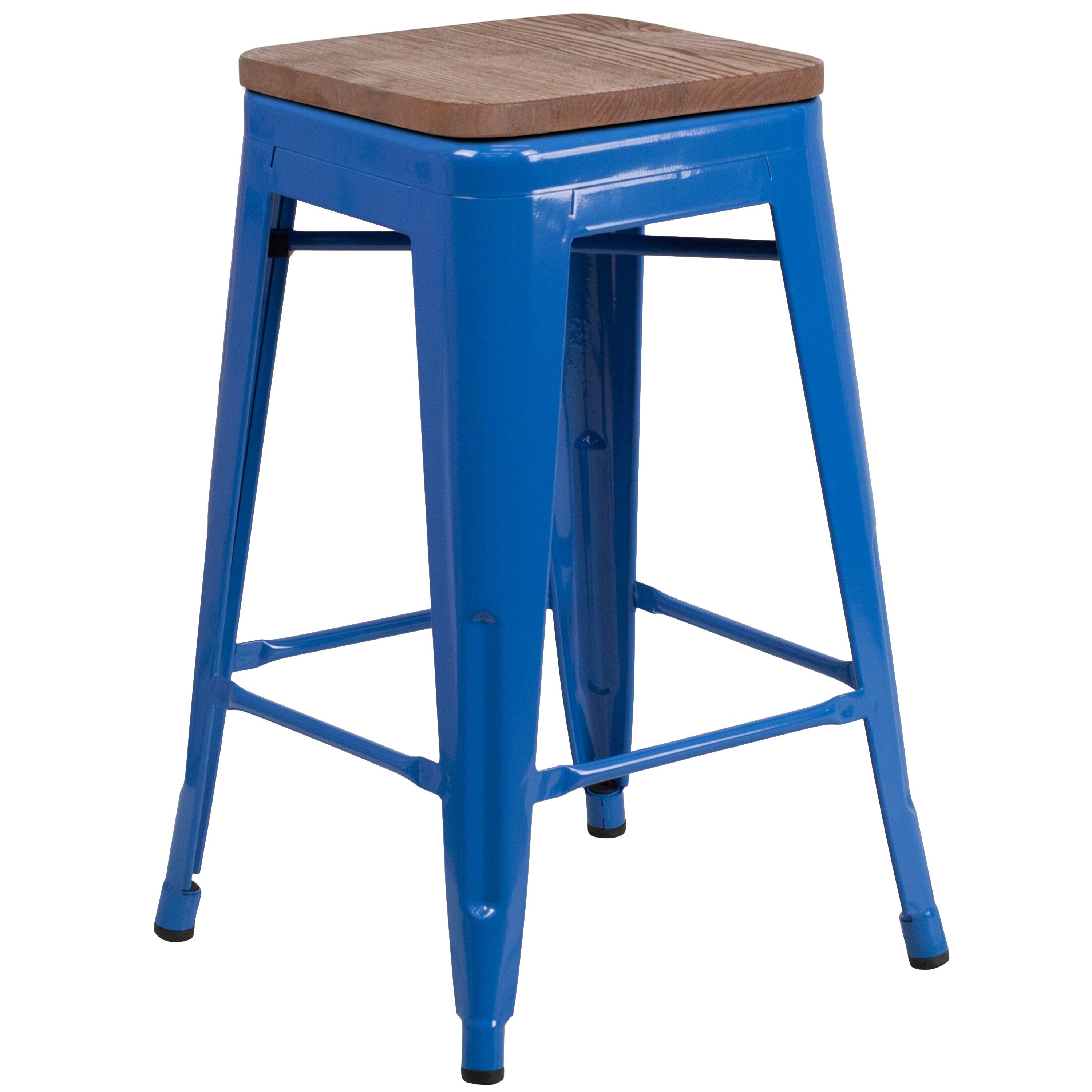 Flash Furniture 24x22 High Backless Metal Counter Height Stool with Square Wood Seat - Blue