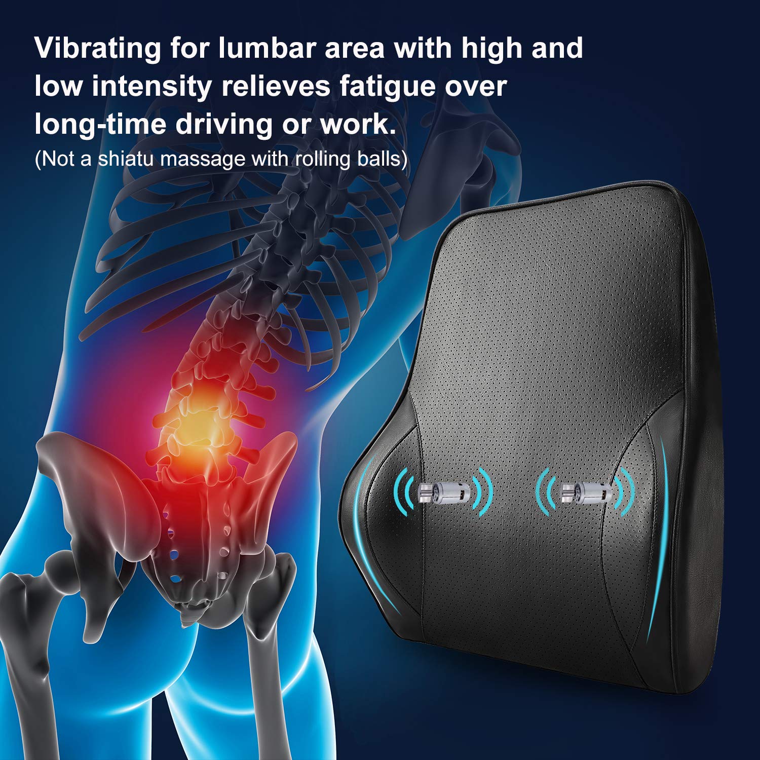 SEG Direct Lumbar Support Pillow, Back Cushion with Vibrating Motors for Back Pain Relief, Premium Memory Foam With Breathable Leather, Suitable for Car Seat and Home Office Chair
