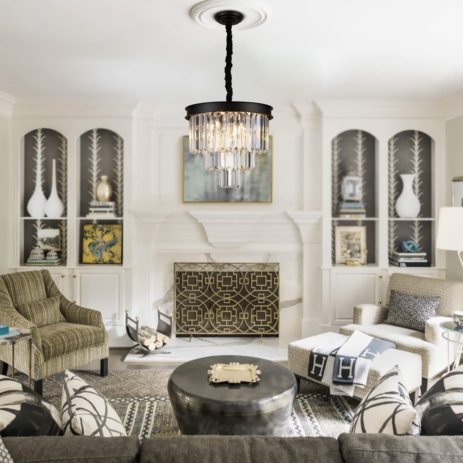 AXILIXI Modern Crystal Chandeliers 16&rdquo; Black Ceiling Pendant Light Fixture 3 Tiers Dimmable Flush Mount Chandeliers Round Raindrop for Living Room Dining Room Foyer Kitchen Entryway