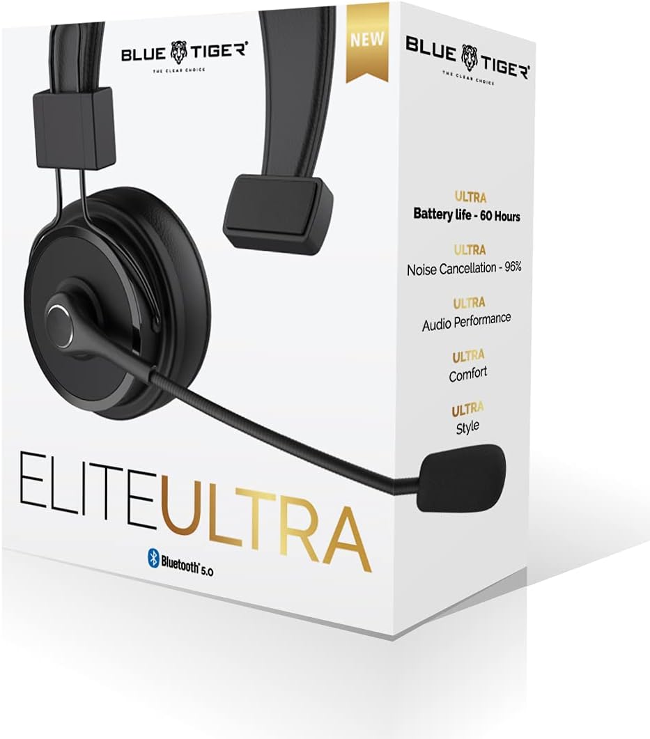 Blue Tiger Elite Ultra Wireless Bluetooth Headset – Truckers’ Professional Headset - Noise Cancellation Bluetooth 5.0 Head Set – 60 Hours Talk Time, 1200 Hours Standby – Premium Truckers Accessories