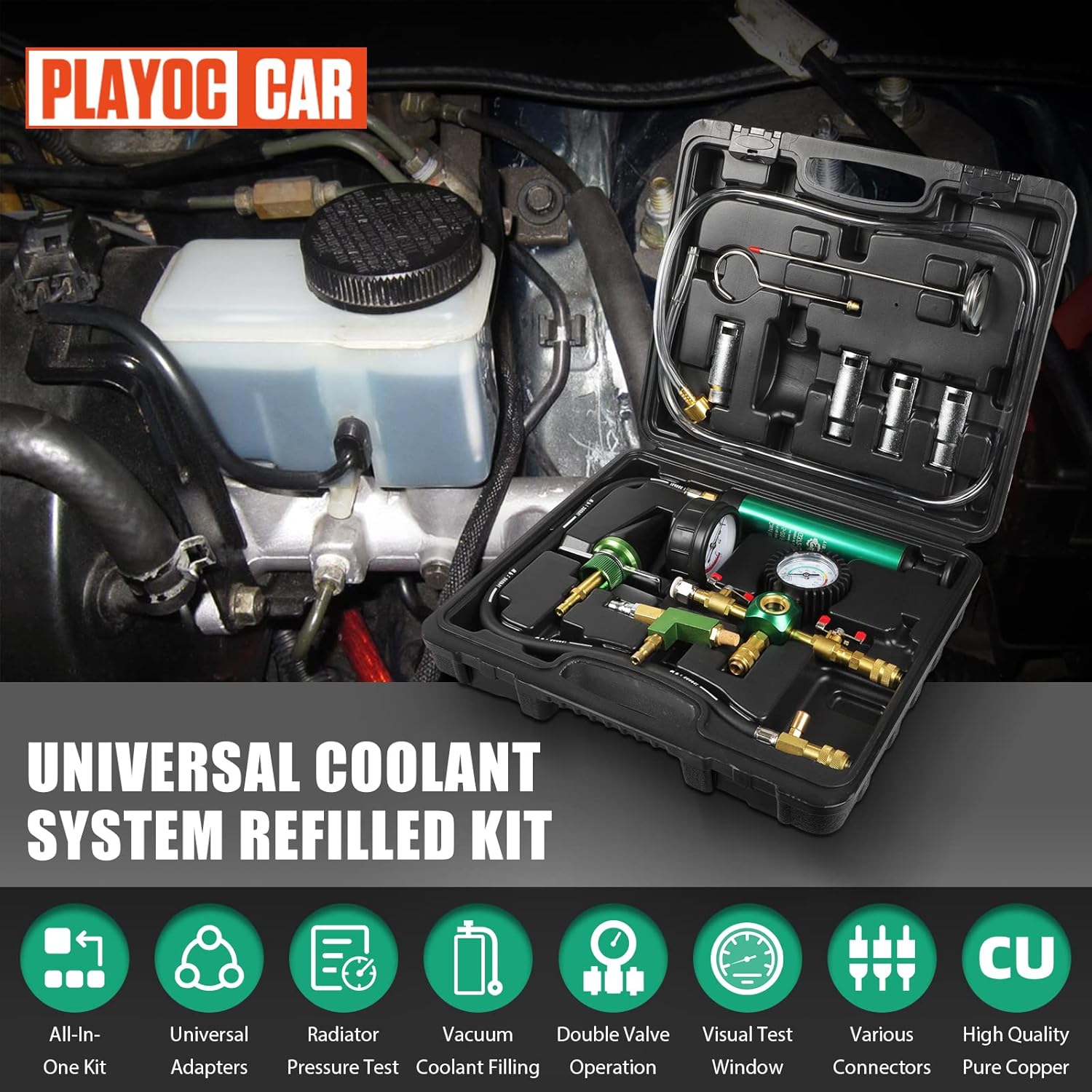 PLAYOCCAR Radiator Pressure Tester Coolant Vacuum Refill Kit with Thermometer, Cooling System Pressure Tester Set with Vacuum Pressure Gauge Pump & Universal Rubber Connector