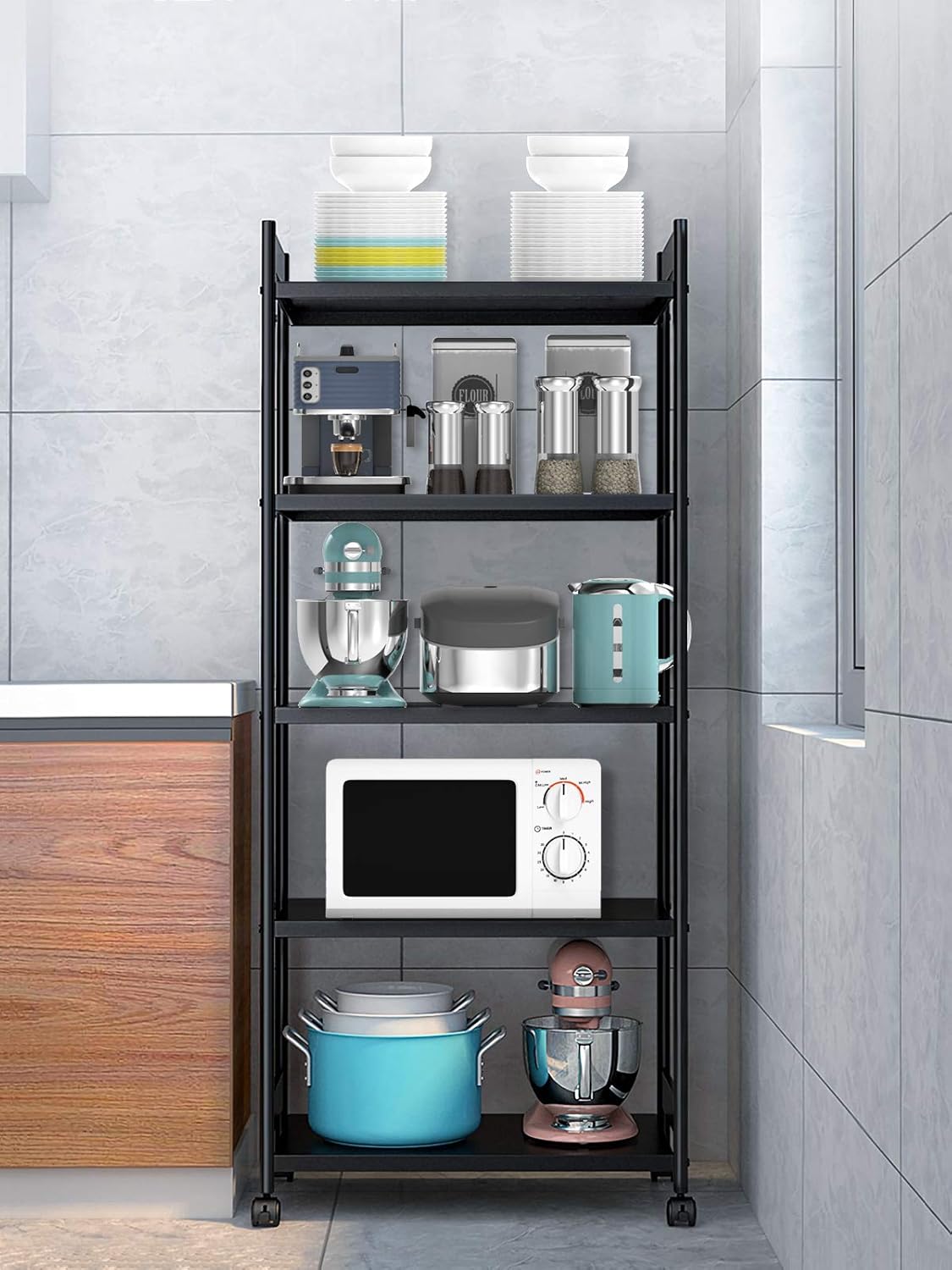 Kitchen Baker's Rack, iBune 5-Tier Heavy Duty Shelving Unit Storage Shelf with Rolling Wheels , Adjustable Shelving Metal Storage Rack for Kitchen Living Room Office (23.6 L x 14.6 W x 53.1 H)