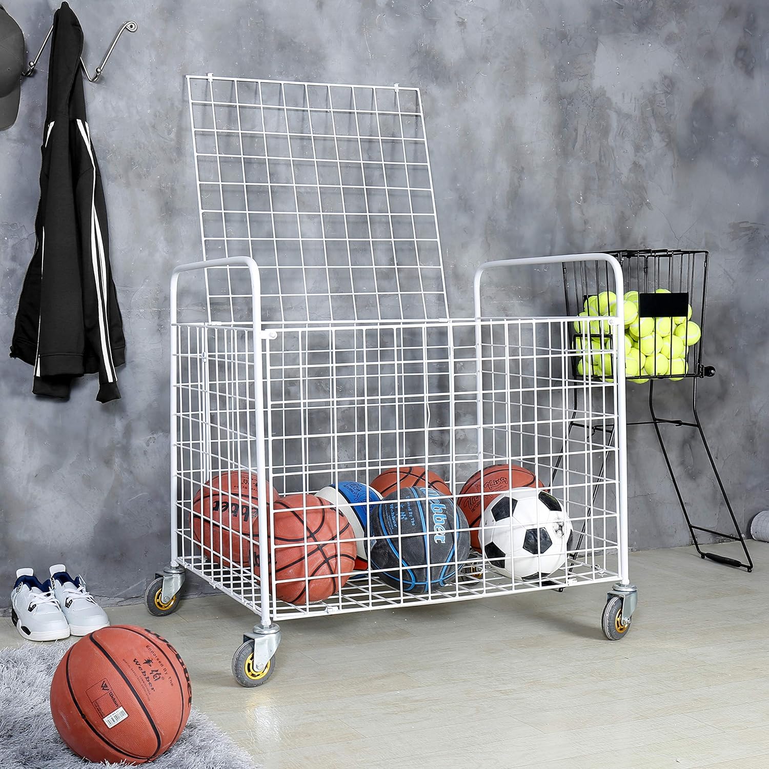MyGift Metal Rolling Multi Sports Ball Storage Hopper & Basketball, Football, Soccer Equipment Cart Pack of 2