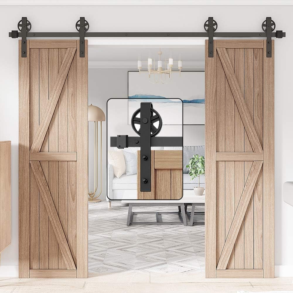 WINSOON 8FT Wood Double Sliding Barn Door Hardware Basic Black Big Spoke Wheel Roller Kit，5-18FT for Choose