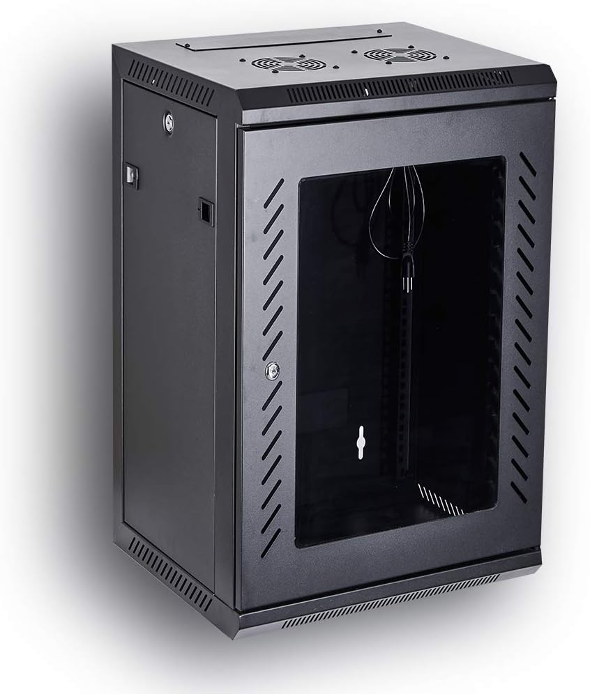 KENUCO [Fully Assembled] Deluxe IT Wall Mount Cabinet | Server Rack | Data Network Enclosure 19-Inch Server Network Rack with Locking Tempered Glass Door (Black 18U)