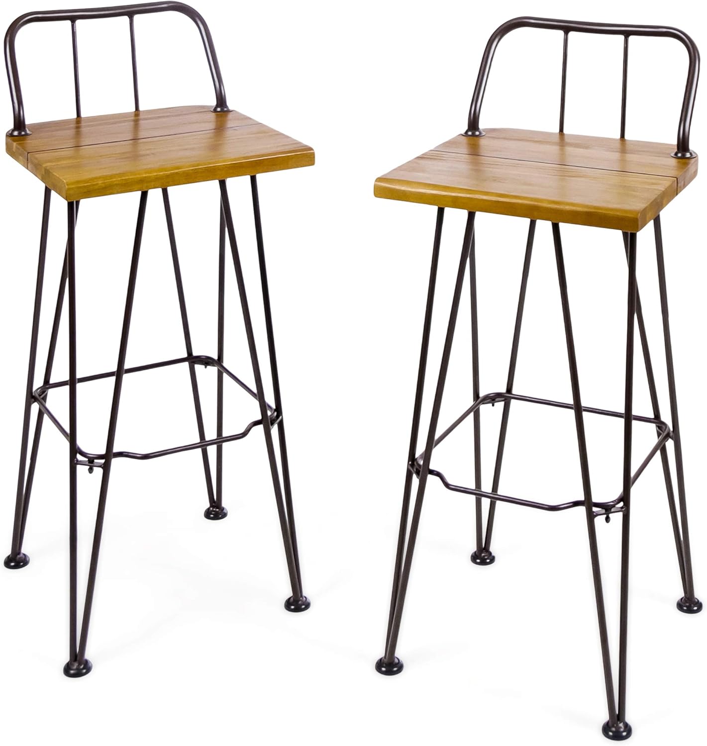 Christopher Knight Home Denali Outdoor Industrial Acacia Wood Barstools with Finished Iron Frame, 2-Pcs Set, Teak Finish / Rustic Metal