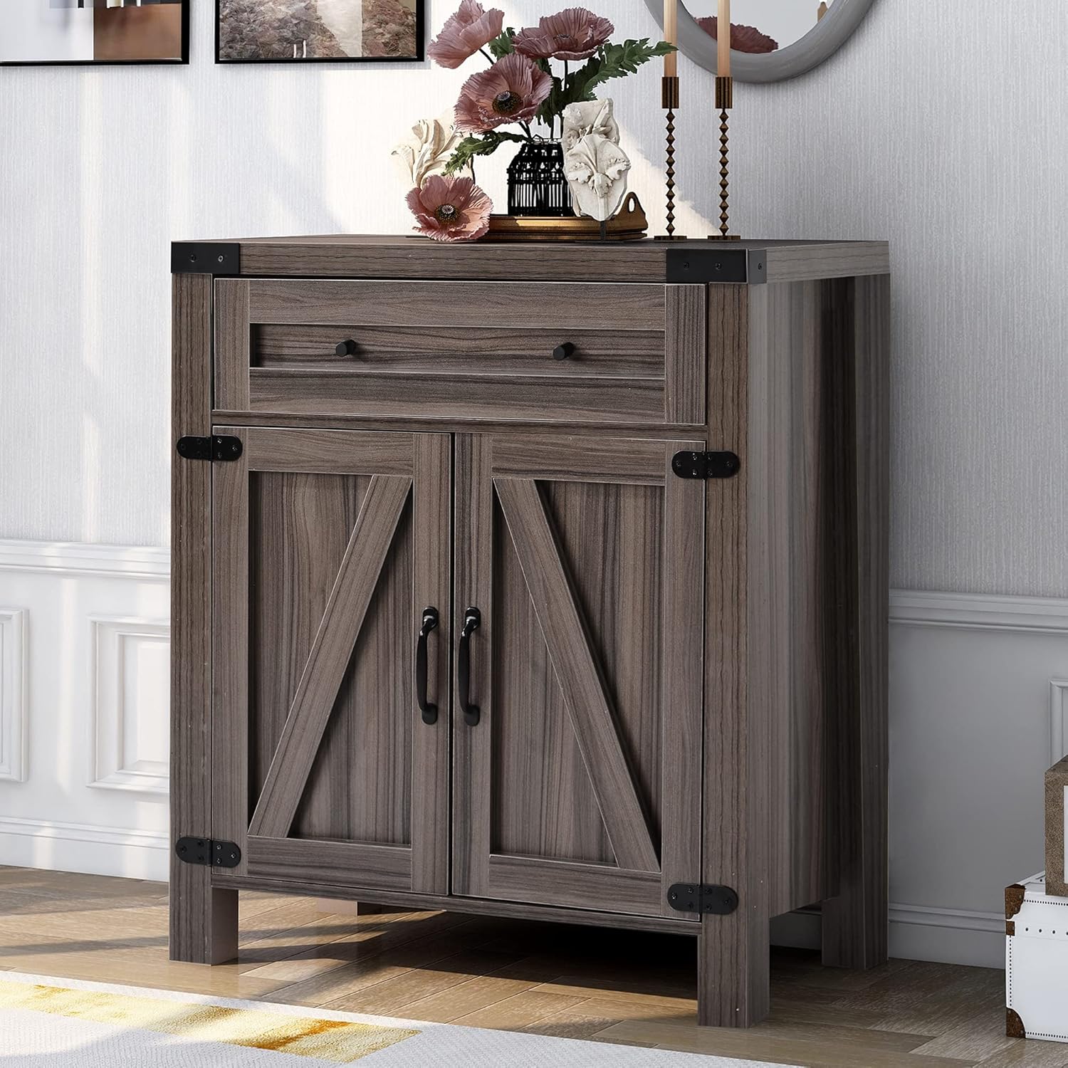Wood Sideboard Storage Cabinet, Rustic Console Table with Drawer and Cabinet, Entryway Buffet Sofa Table with 2 Front Facing Doors for Hallway, Living Room, Dining Room, Easy Assembly (Dark Grey)
