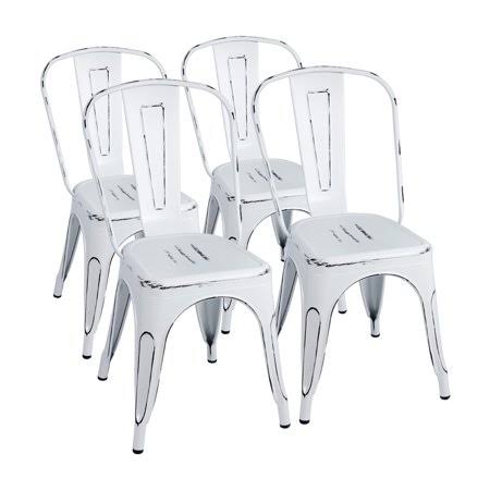 Walnew Set of 4 Distressed Style Stackable Kitchen Dining Bistro Cafe Metal Chairs, Distressed White